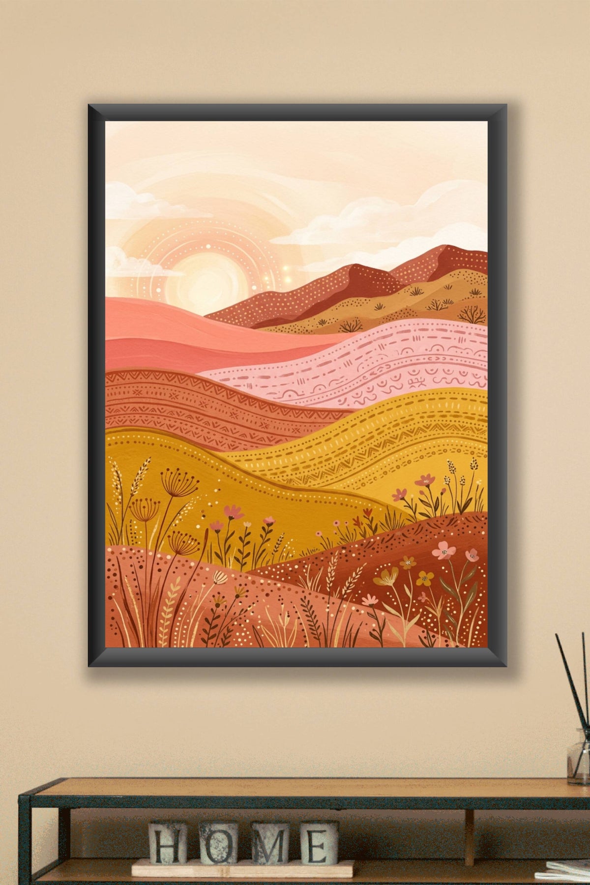 Affiche de paysage bohème, poster collines roses