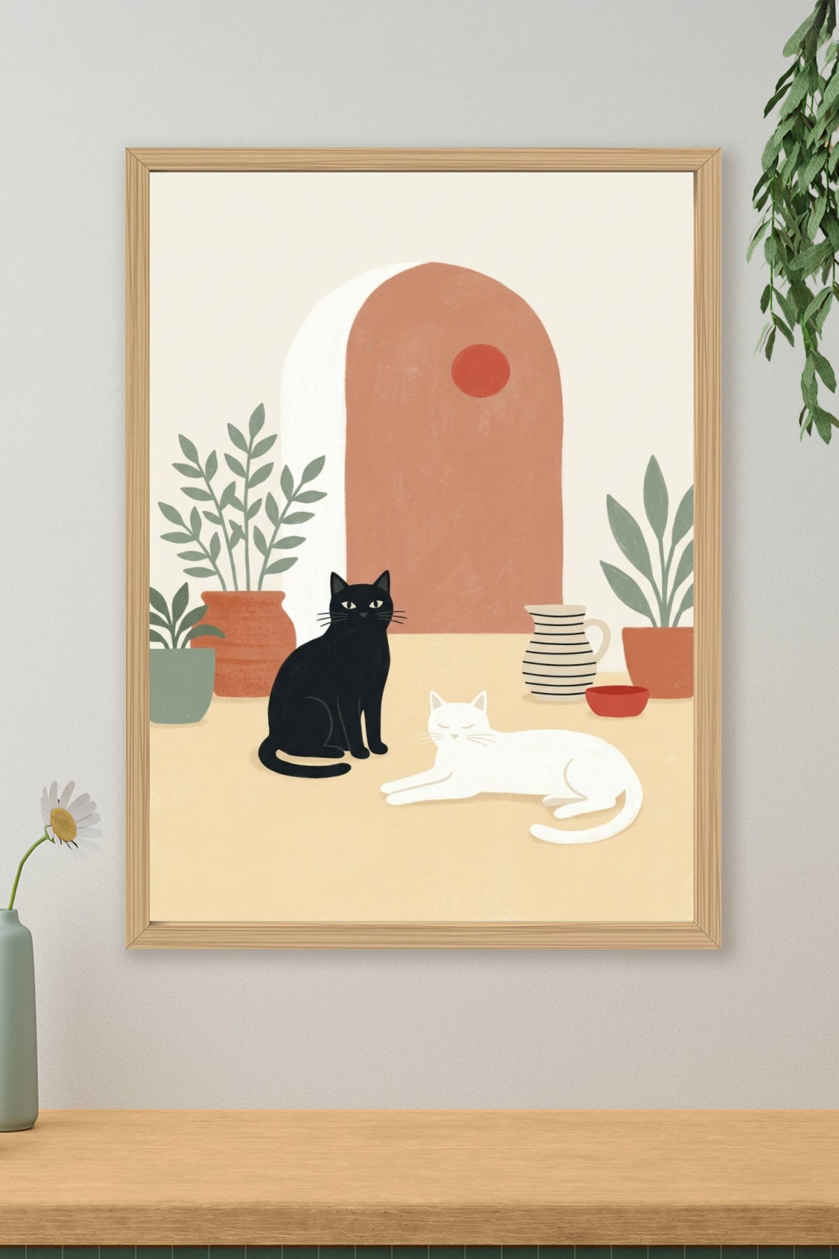Affiche chats noir et blanc, poster terracotta