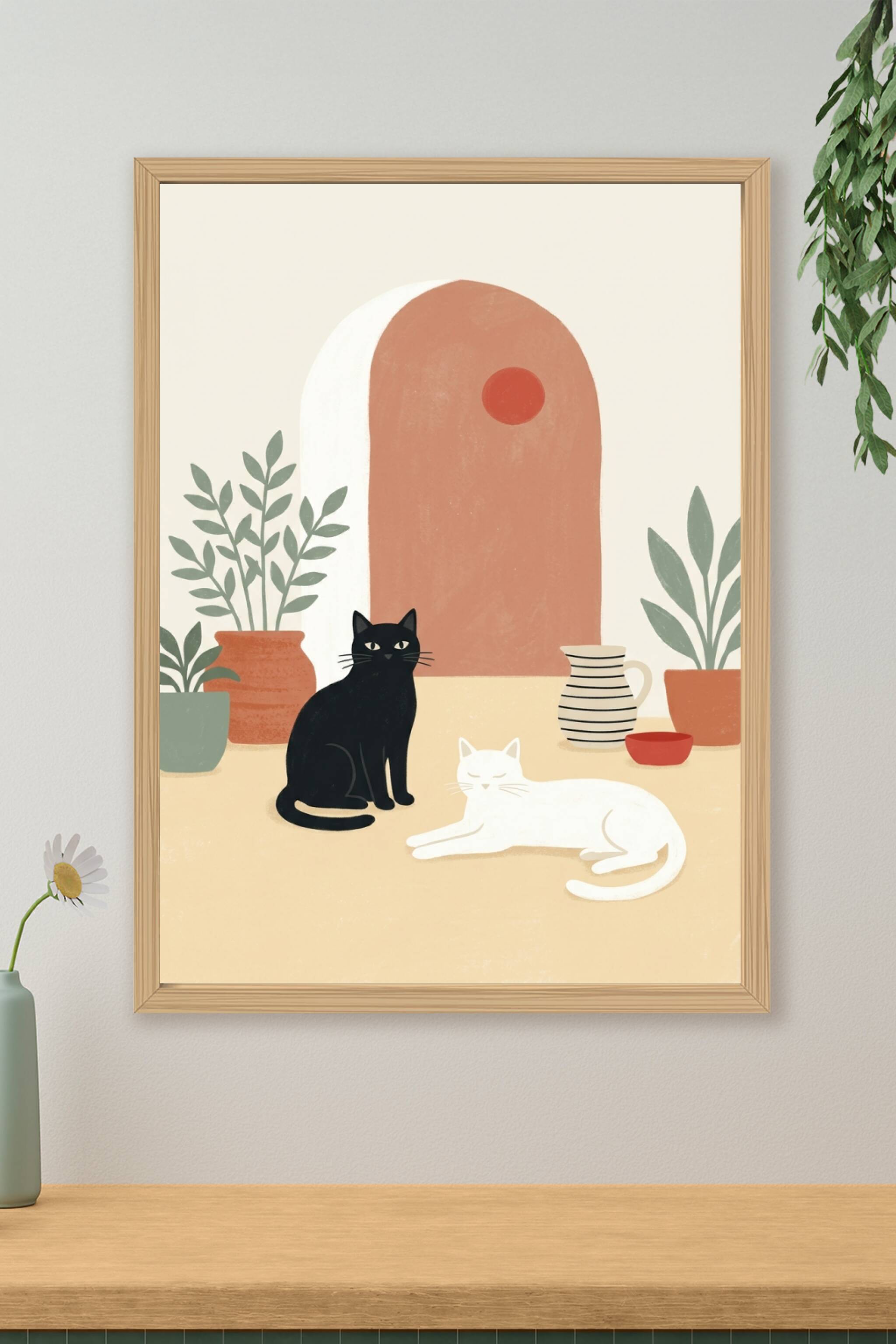 Affiche chats noir et blanc, poster terracotta