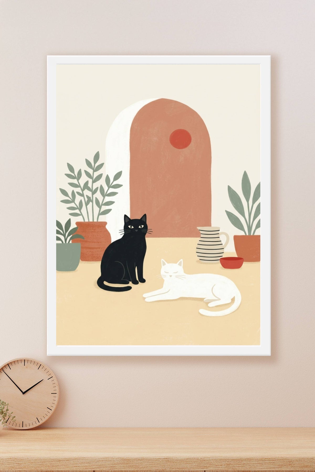 Affiche chats noir et blanc, poster terracotta