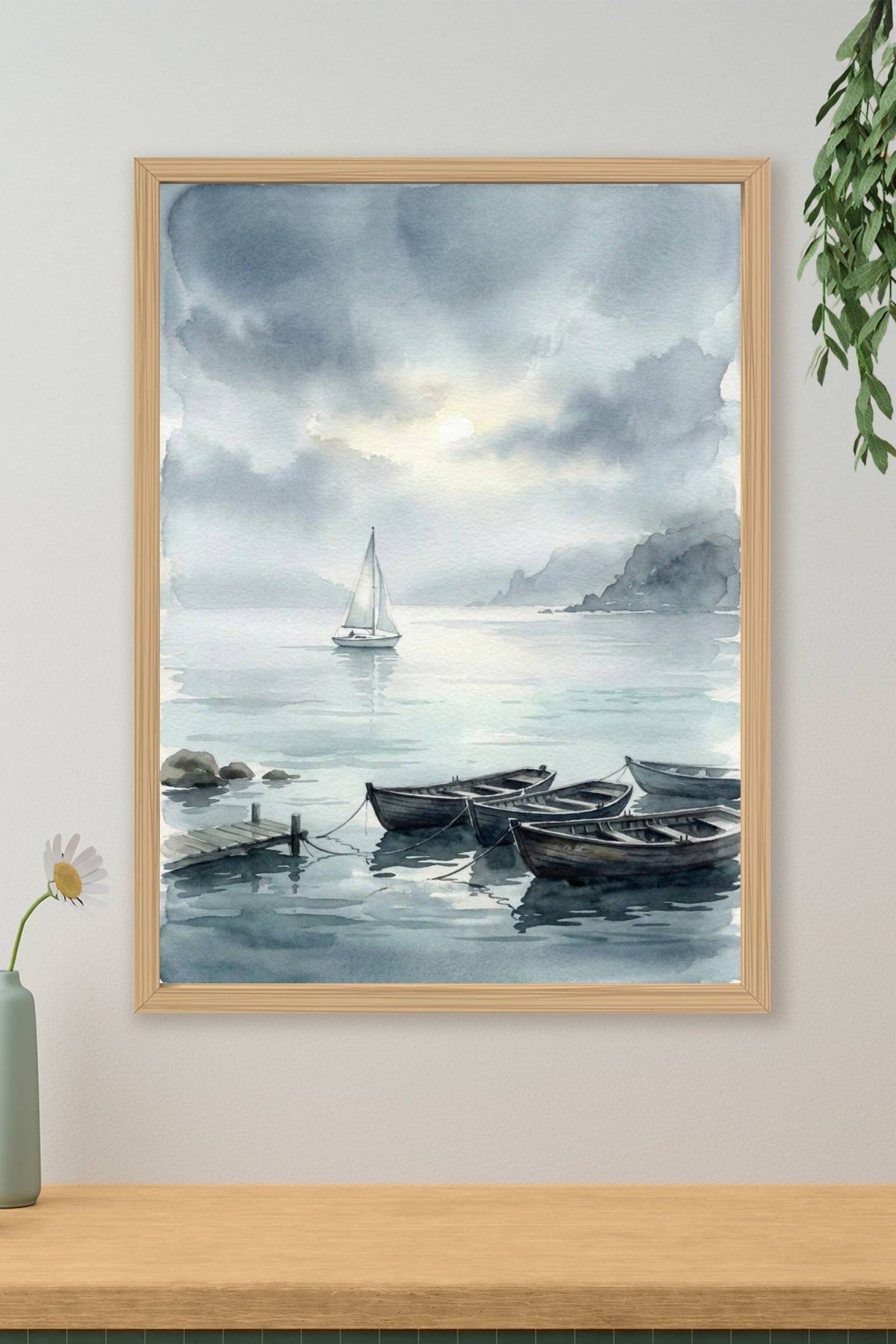 Affiche de voilier, poster aquarelle brumeuse