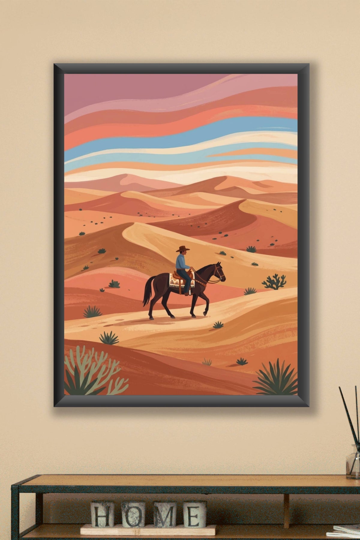 Affiche de cavalier, poster désert illustré