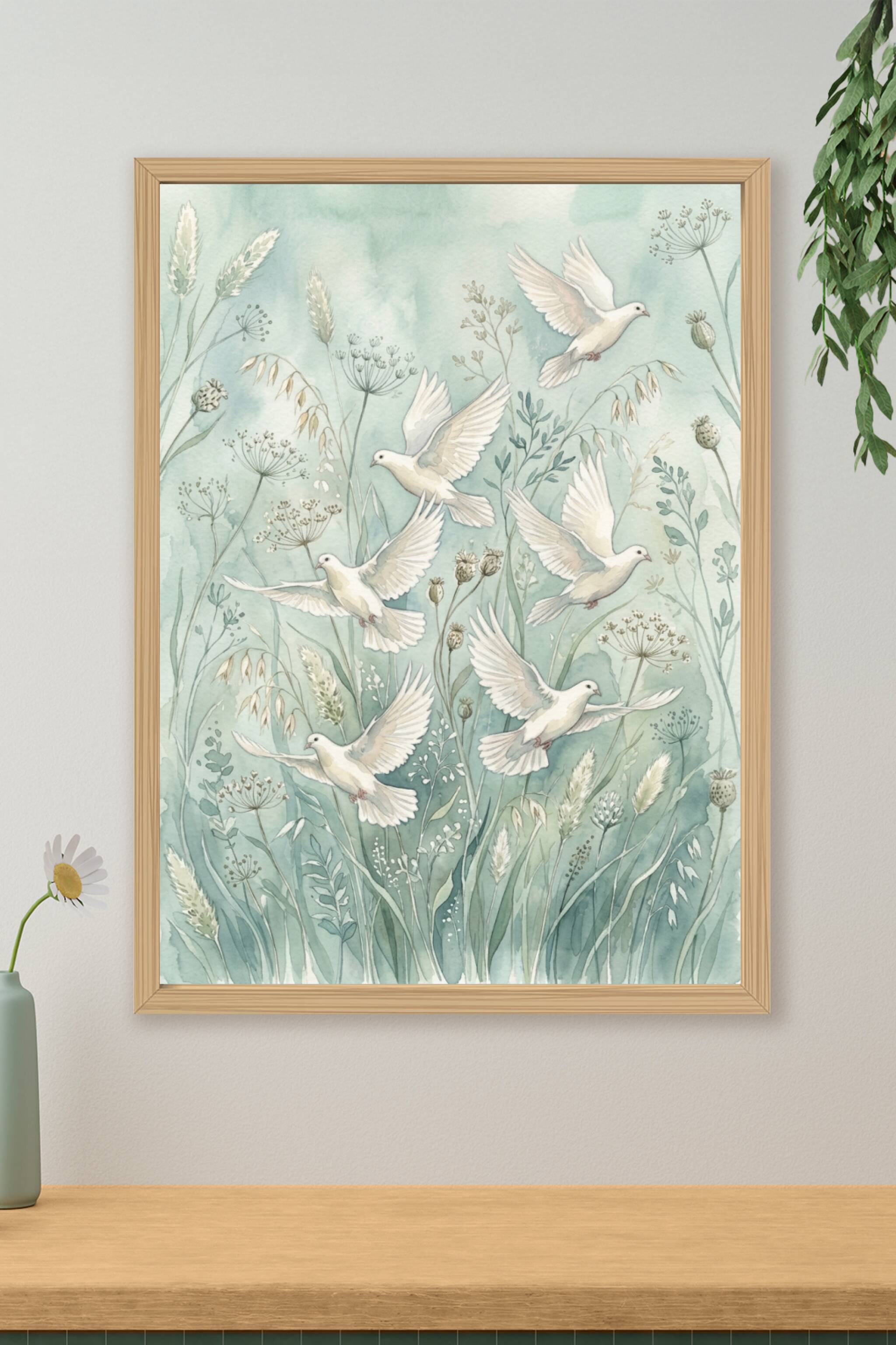 Affiche de colombes blanches, poster aquarelle