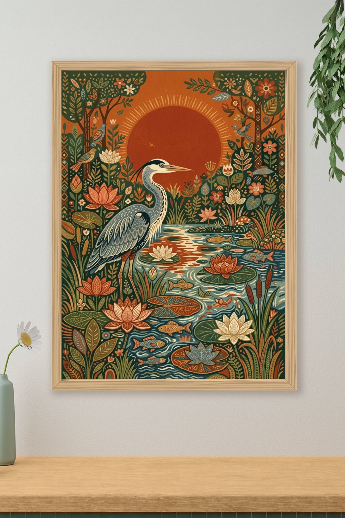 Affiche Héron cendré, poster fleurs de lotus