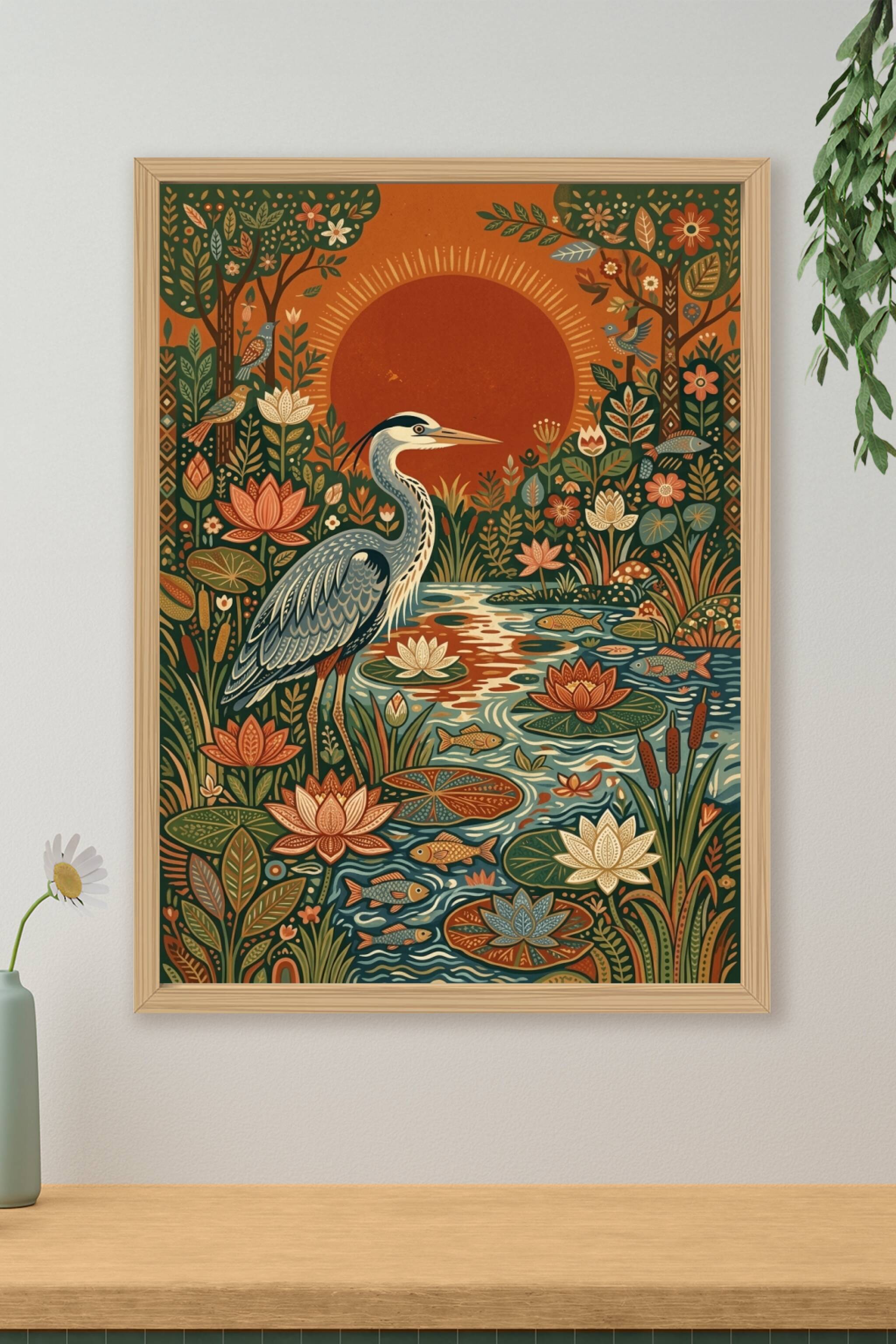 Affiche Héron cendré, poster fleurs de lotus