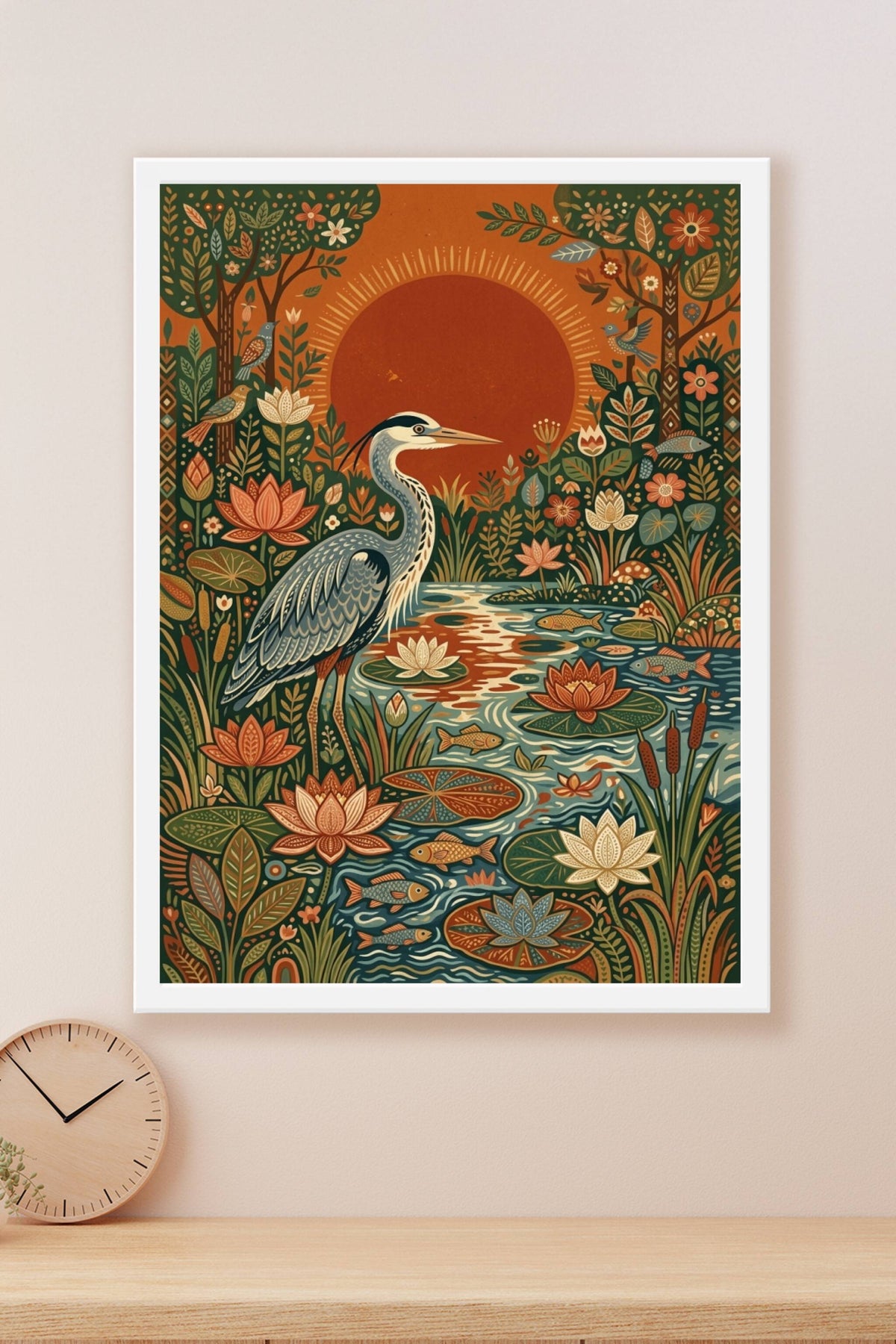 Affiche Héron cendré, poster fleurs de lotus