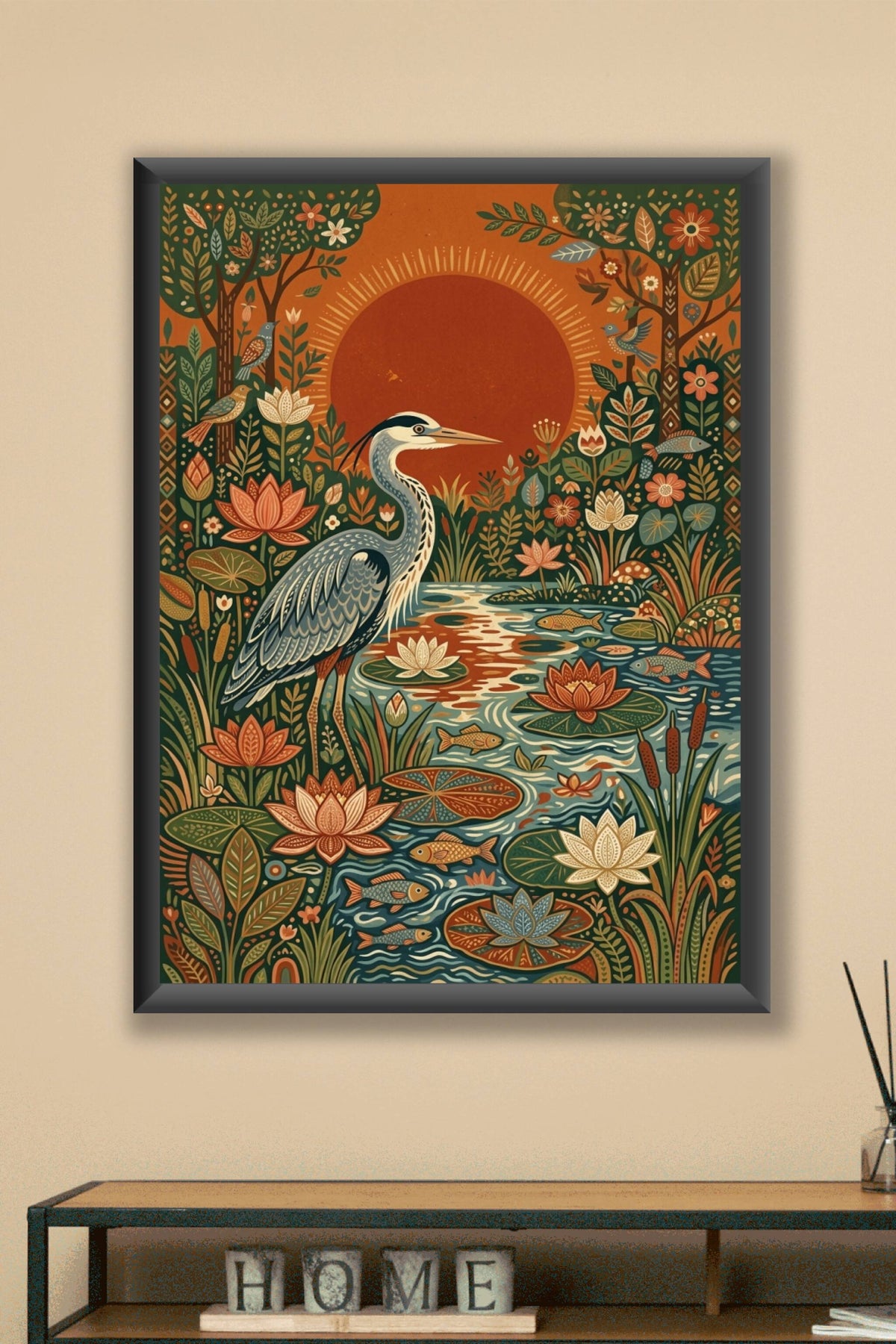 Affiche Héron cendré, poster fleurs de lotus