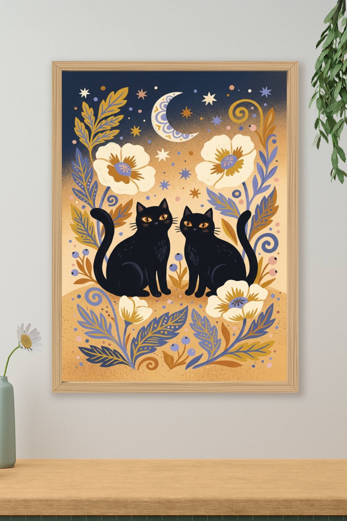 Affiche chats noirs, poster fleurs et lune