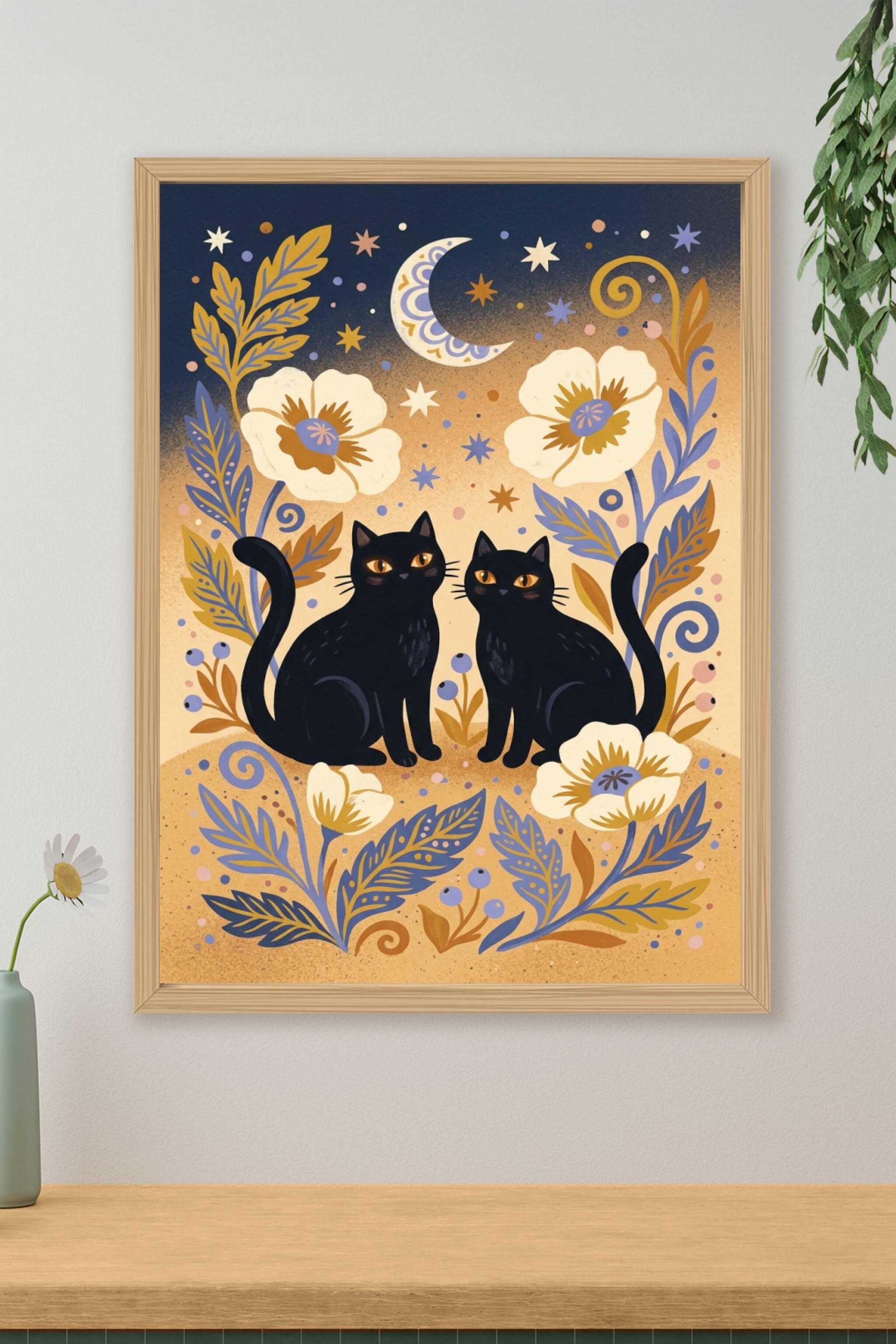 Affiche chats noirs, poster fleurs et lune