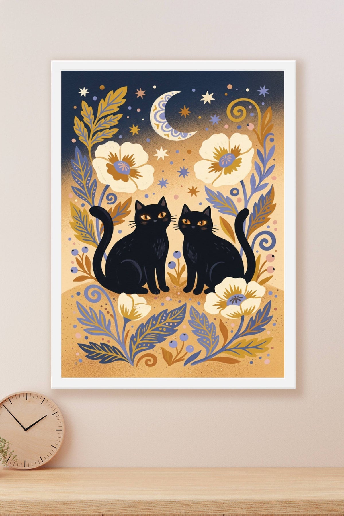 Affiche chats noirs, poster fleurs et lune
