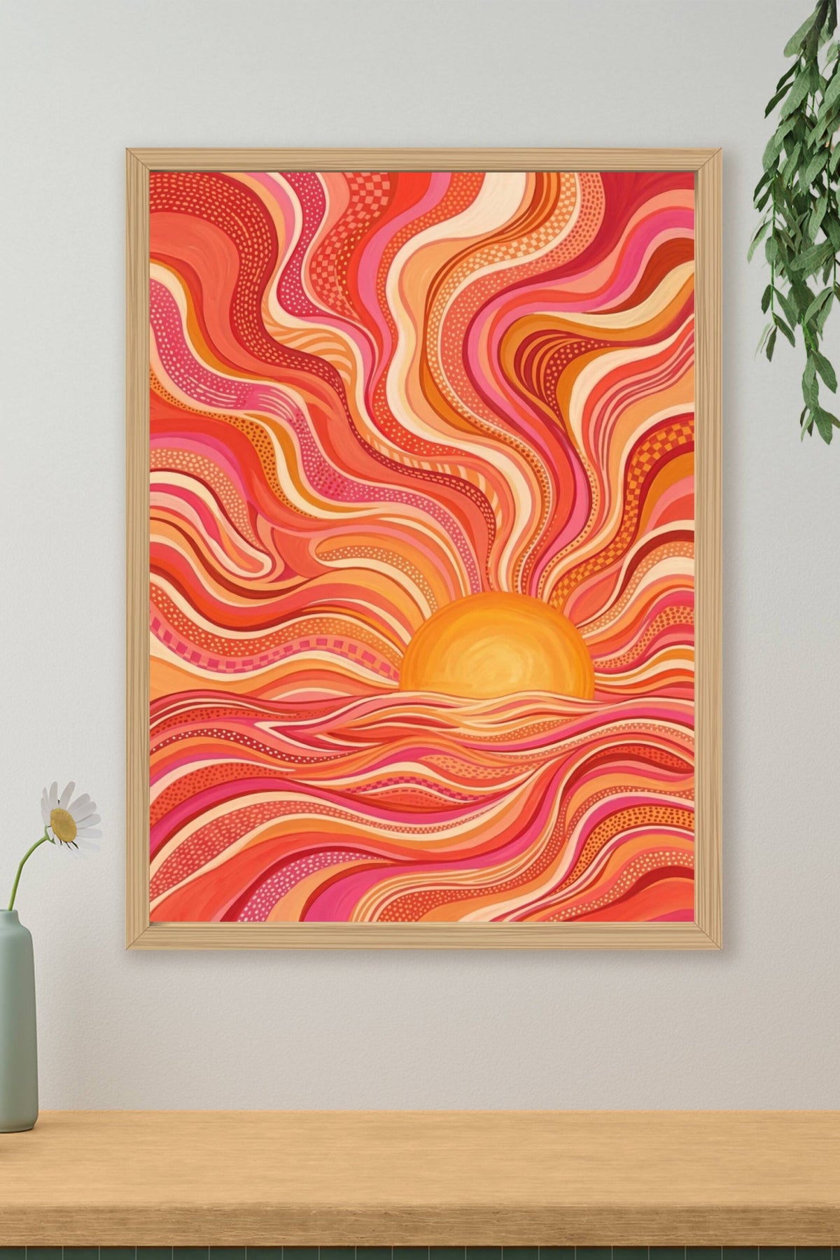 Poster d'un coucher de soleil, vagues psychédéliques