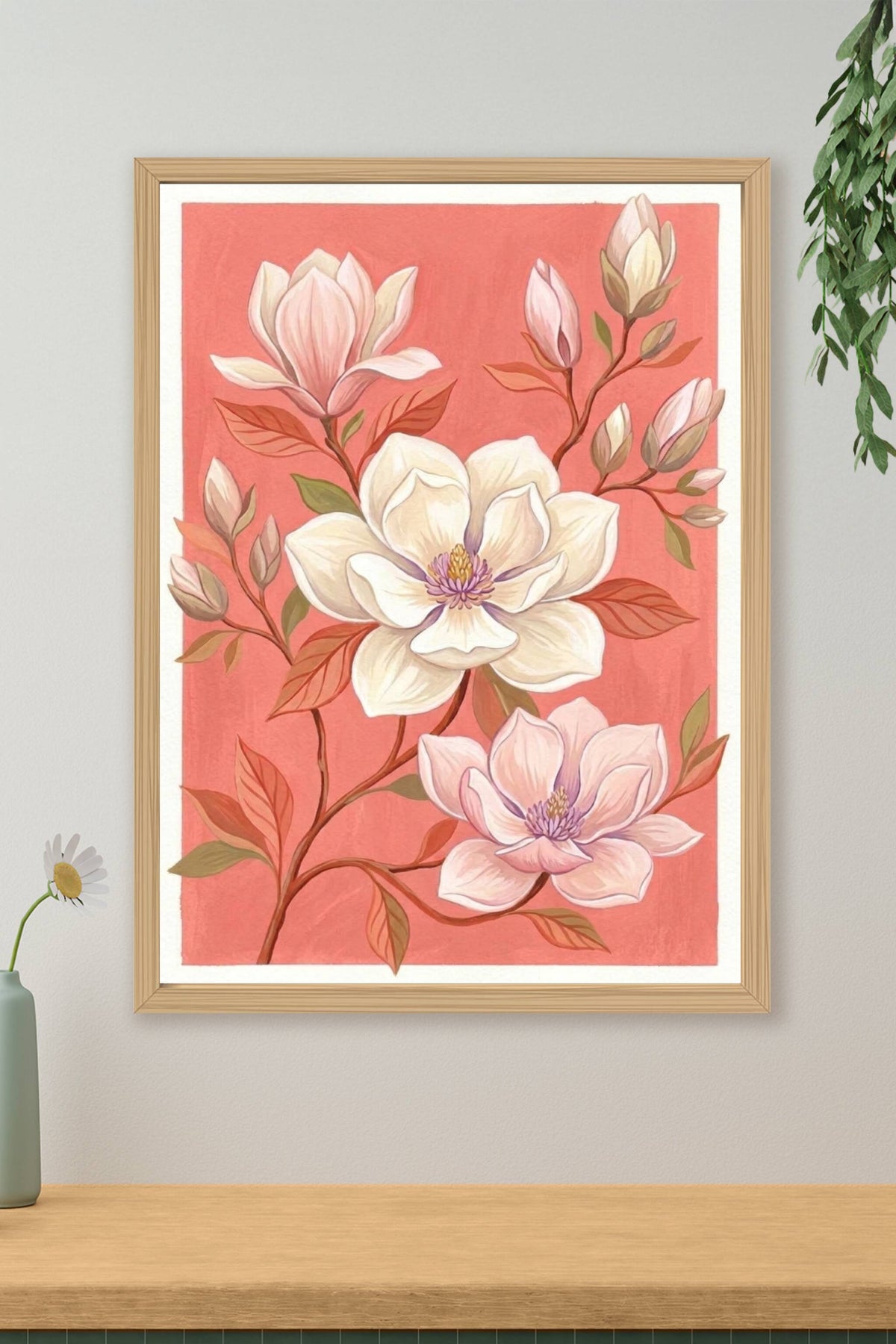 Affiche de magnolias, poster botanique rose