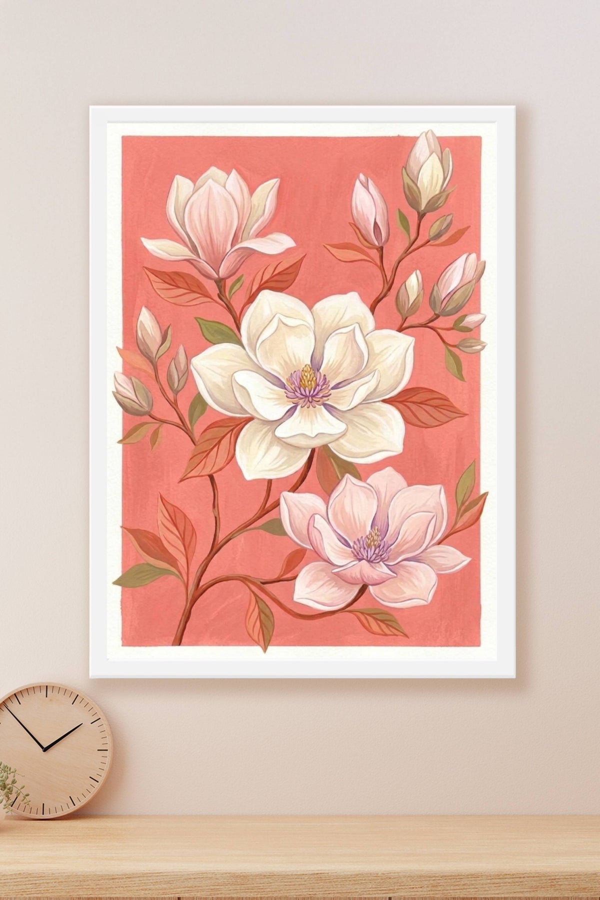 Affiche de magnolias, poster botanique rose
