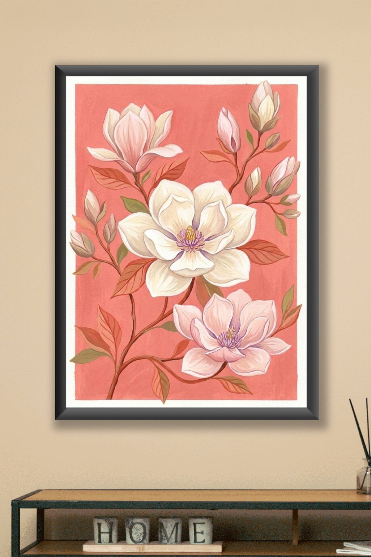 Affiche de magnolias, poster botanique rose