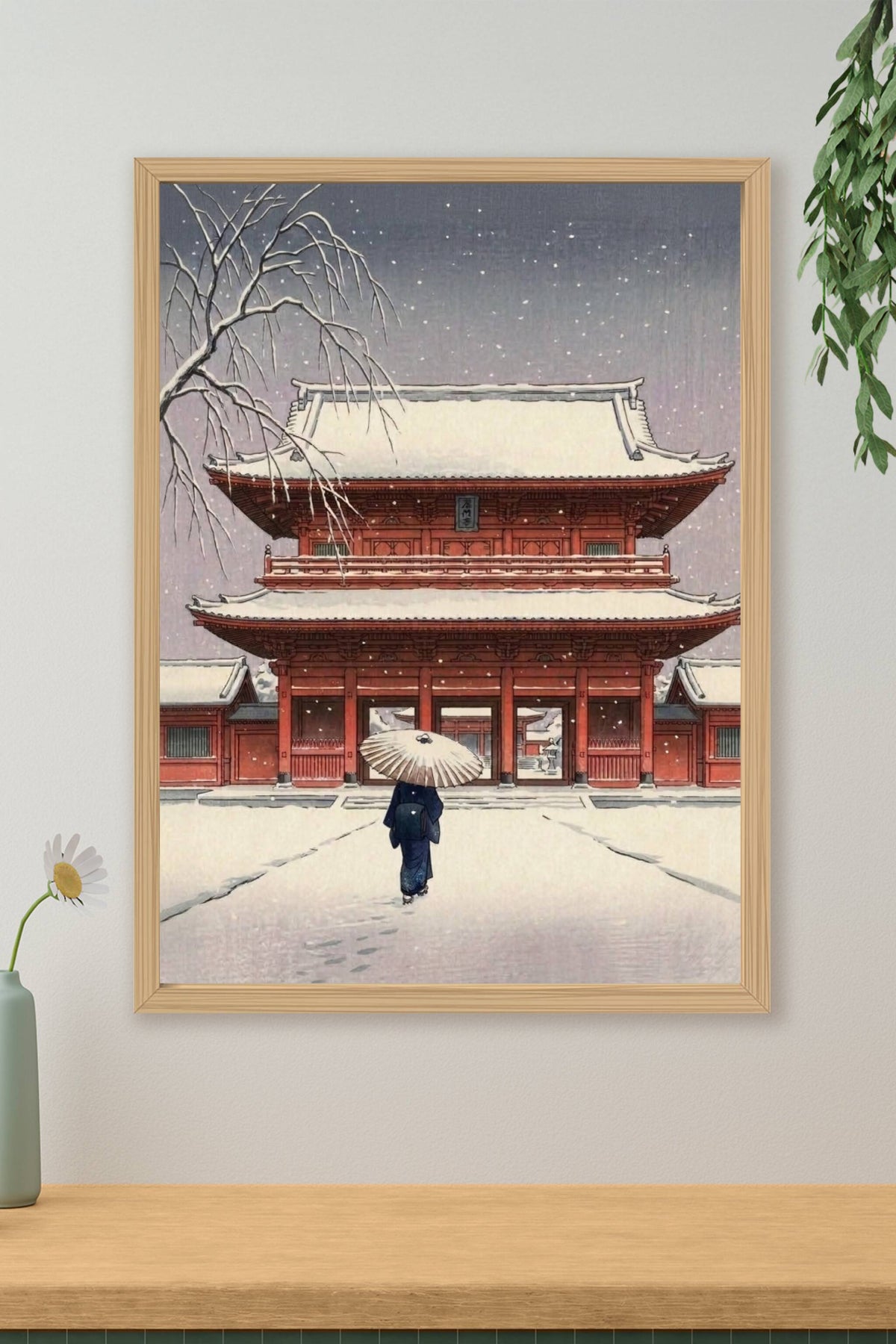 Affiche temple japonais sous la neige, poster Japon