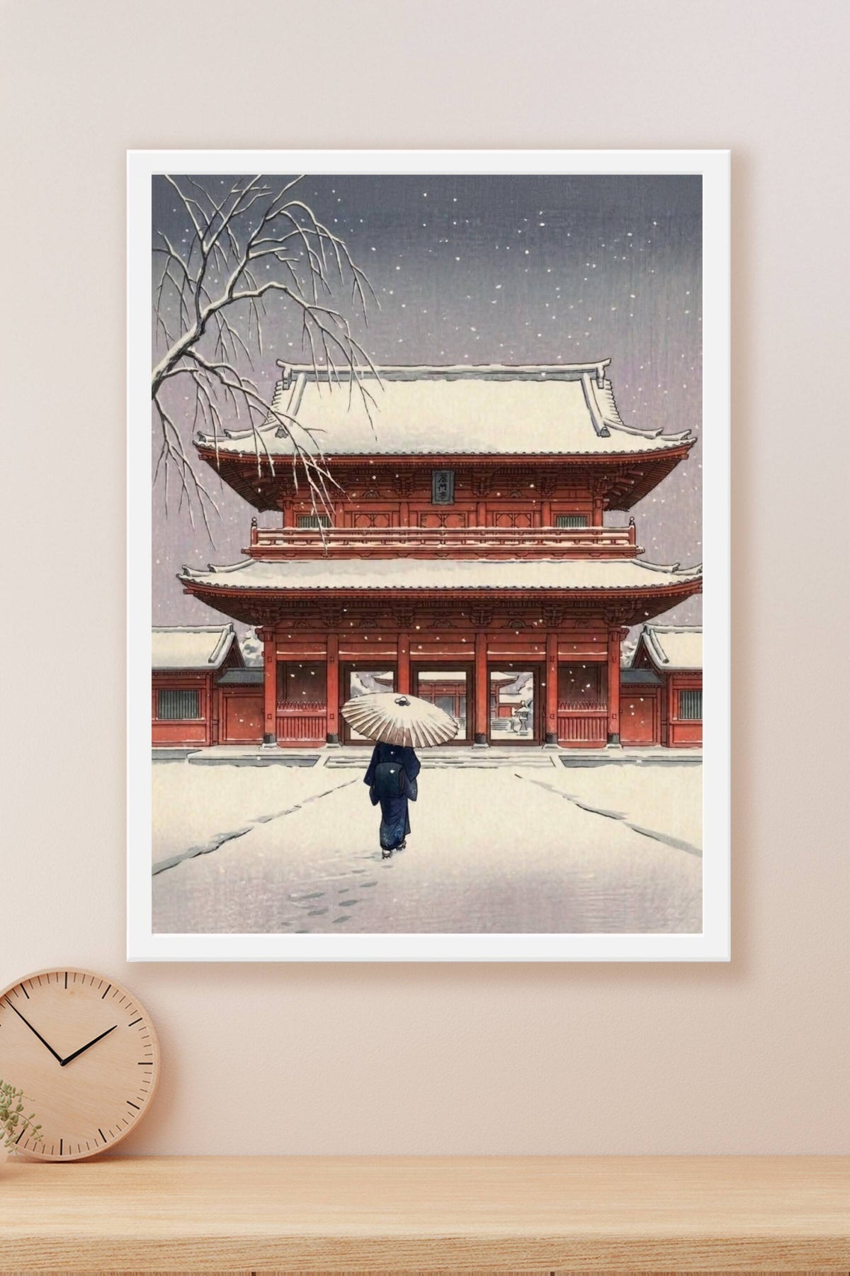 Affiche temple japonais sous la neige, poster Japon