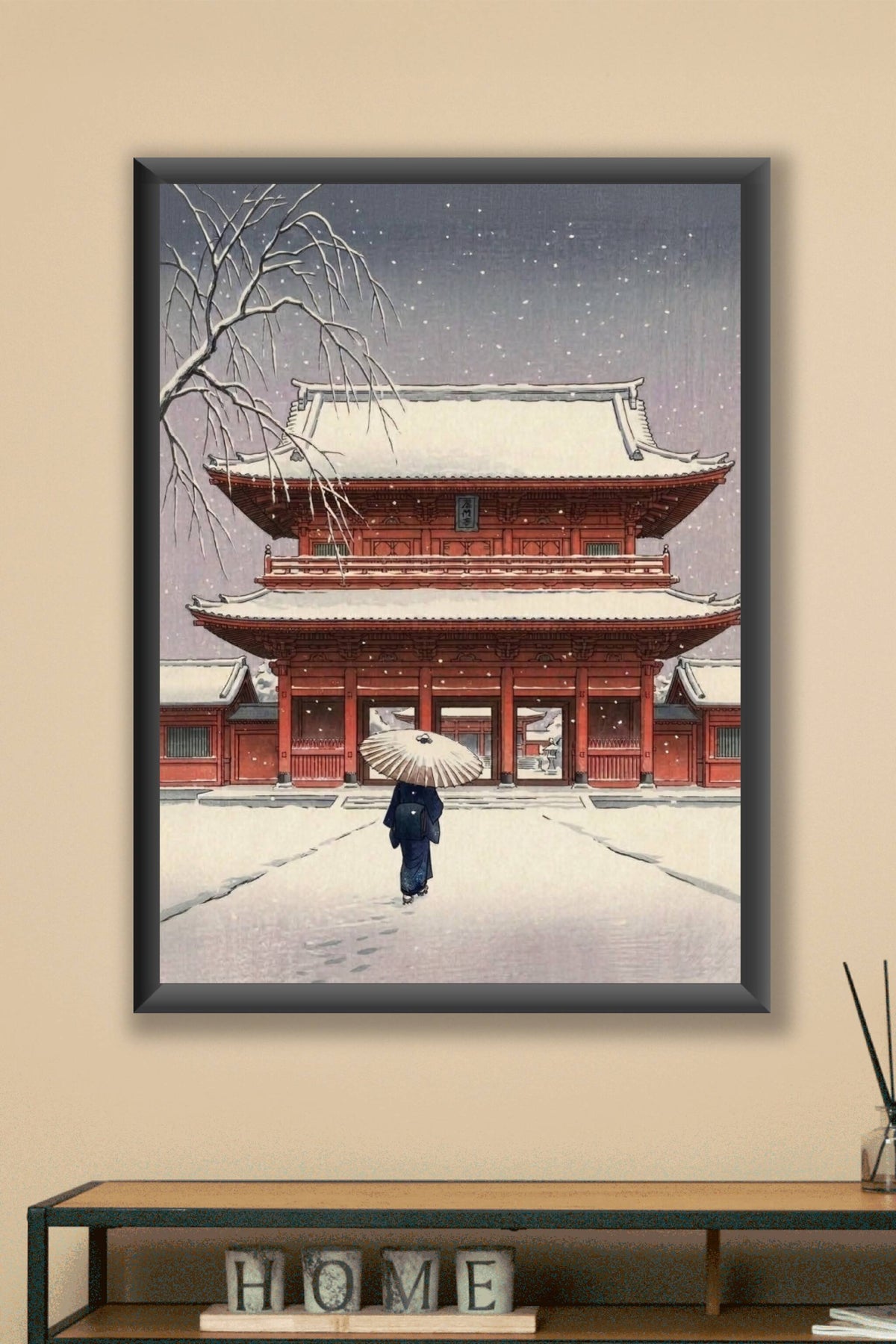 Affiche temple japonais sous la neige, poster Japon