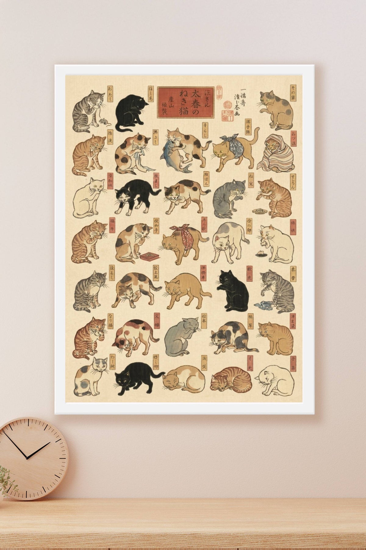 Poster chats japonais, 28 postures Kuniyoshi