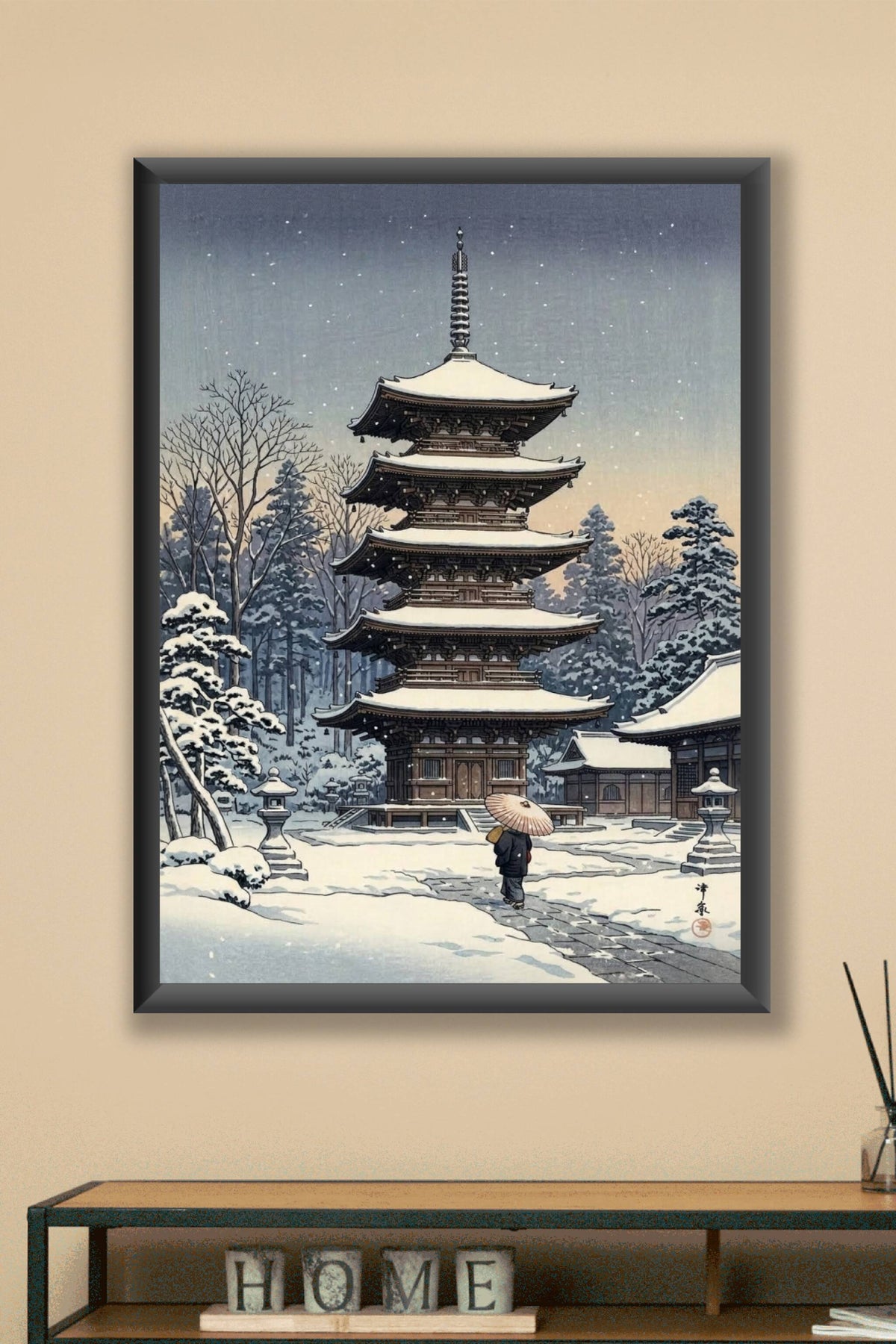 Affiche Pagode sous la neige, poster japonais