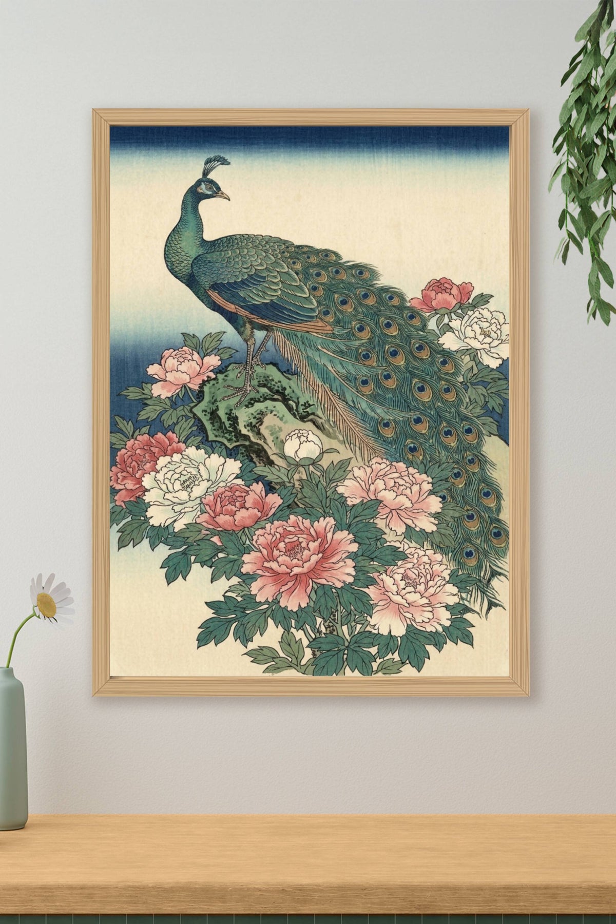 Affiche de paon japonais, poster pivoines roses