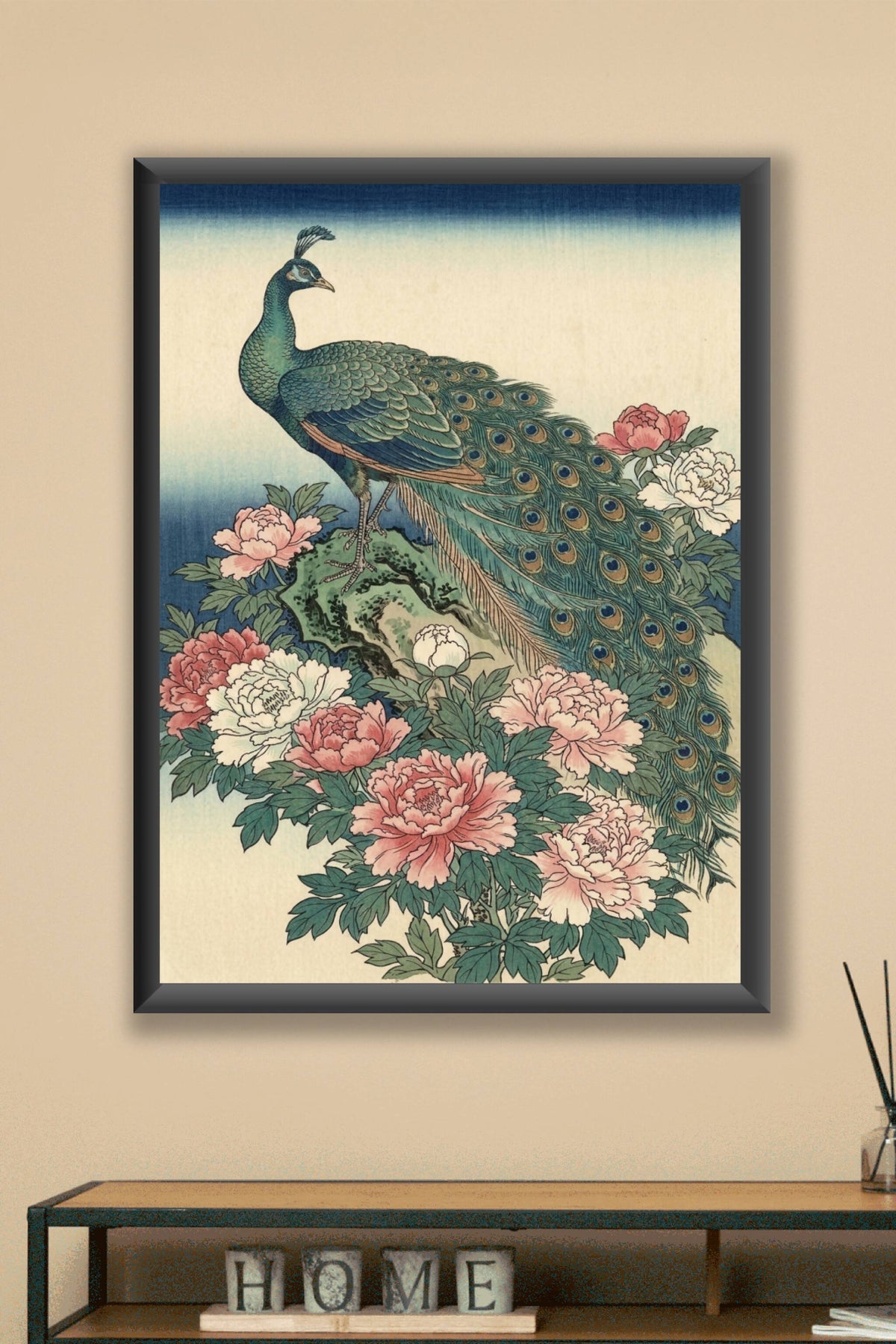 Affiche de paon japonais, poster pivoines roses