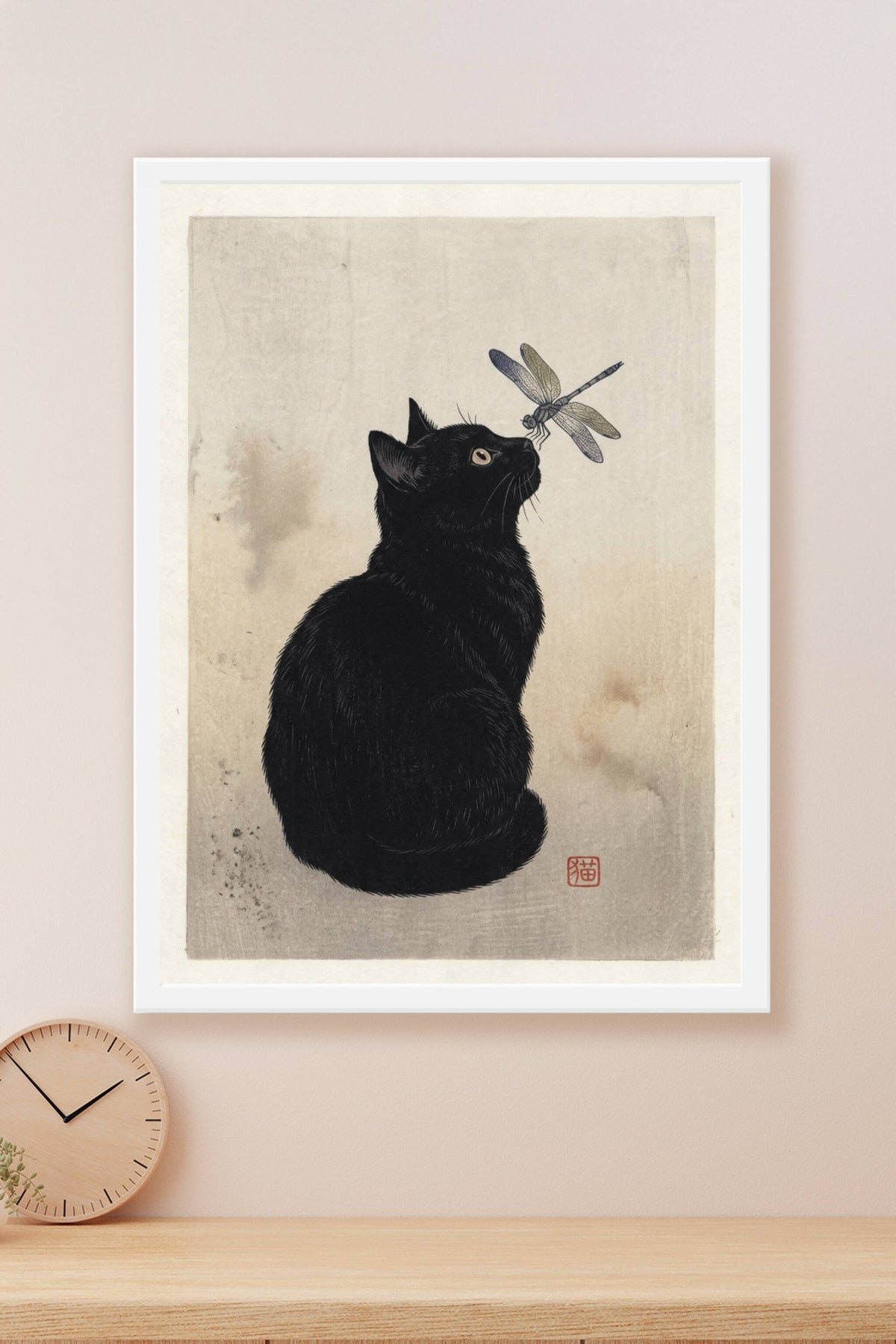 Affiche chat noir et libellule, poster art japonais