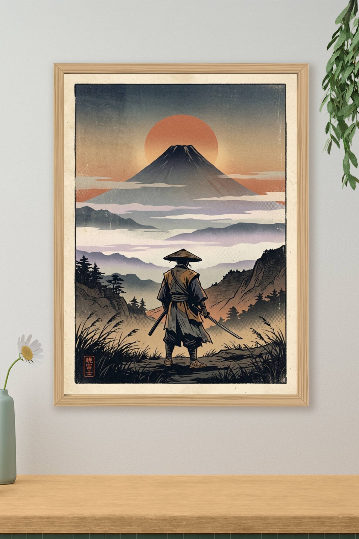 A cinematic neo ukiyo-e poster print of a lone samurai standing in the lower third with his back to the viewer, straw...