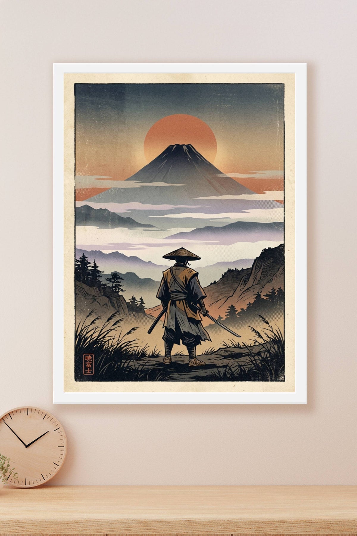 A cinematic neo ukiyo-e poster print of a lone samurai standing in the lower third with his back to the viewer, straw...