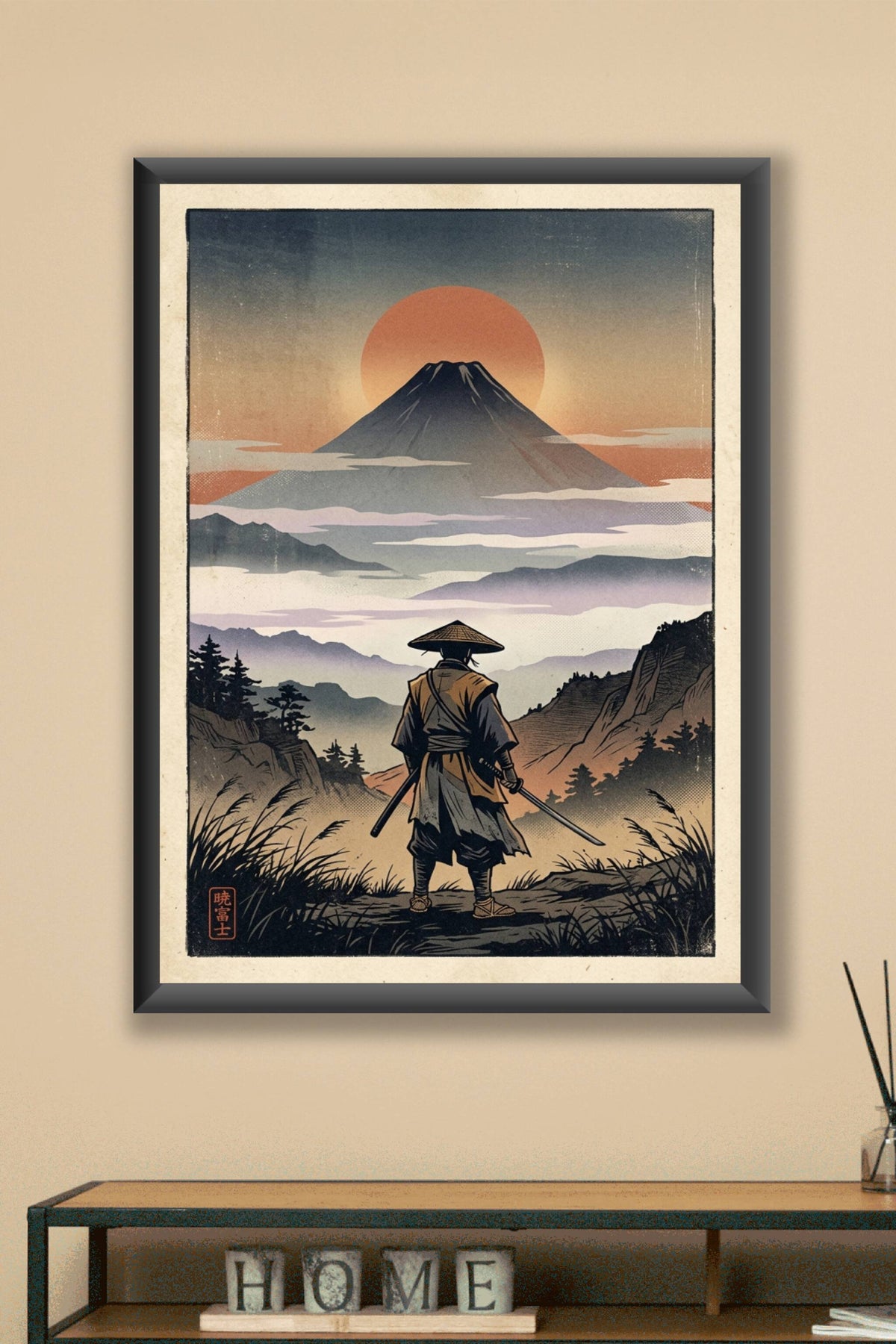 A cinematic neo ukiyo-e poster print of a lone samurai standing in the lower third with his back to the viewer, straw...