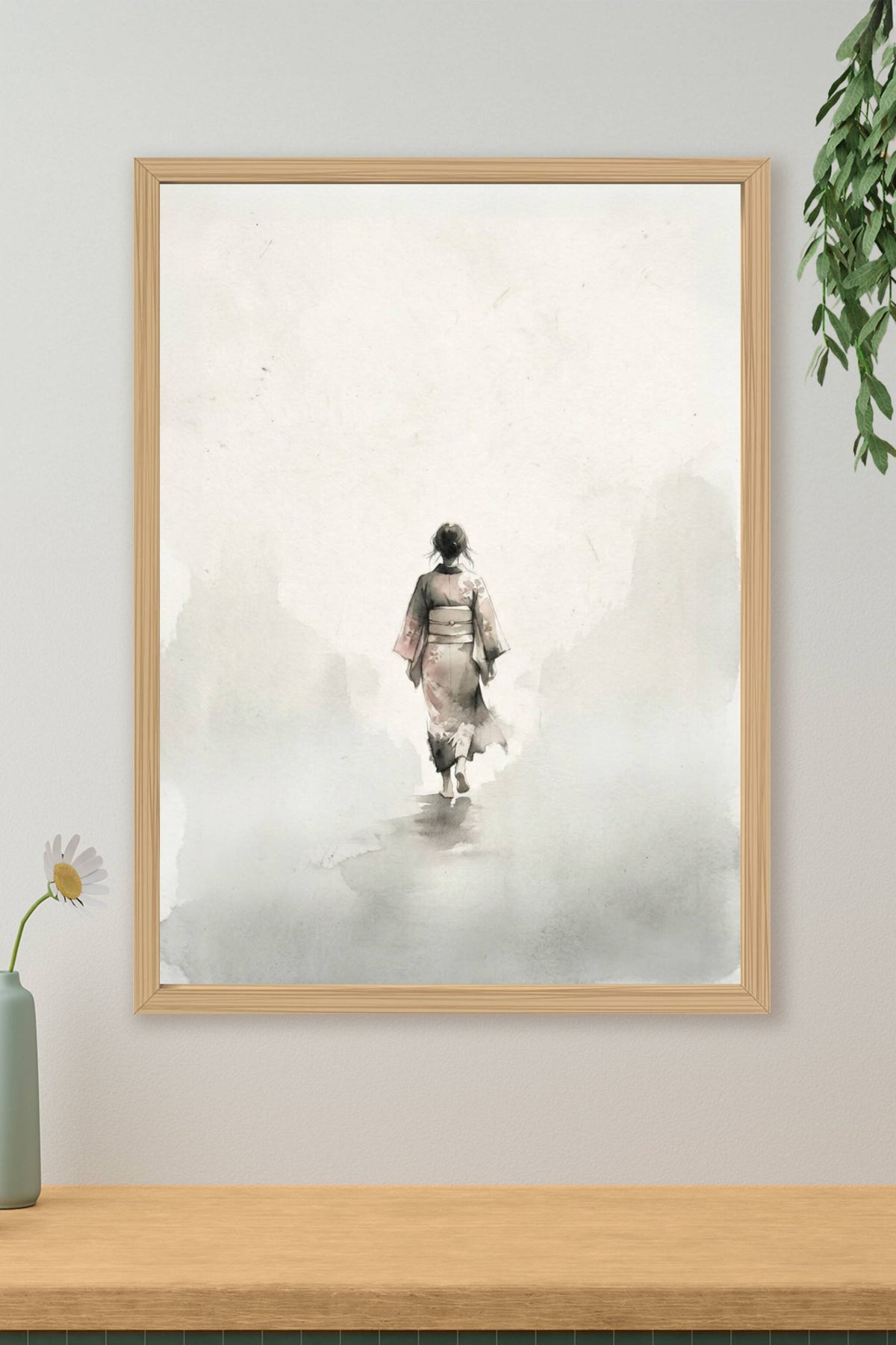 A minimalist contemporary Japandi art print rendered in soft ink wash and dry-brush texture, depicting a solitary wom...