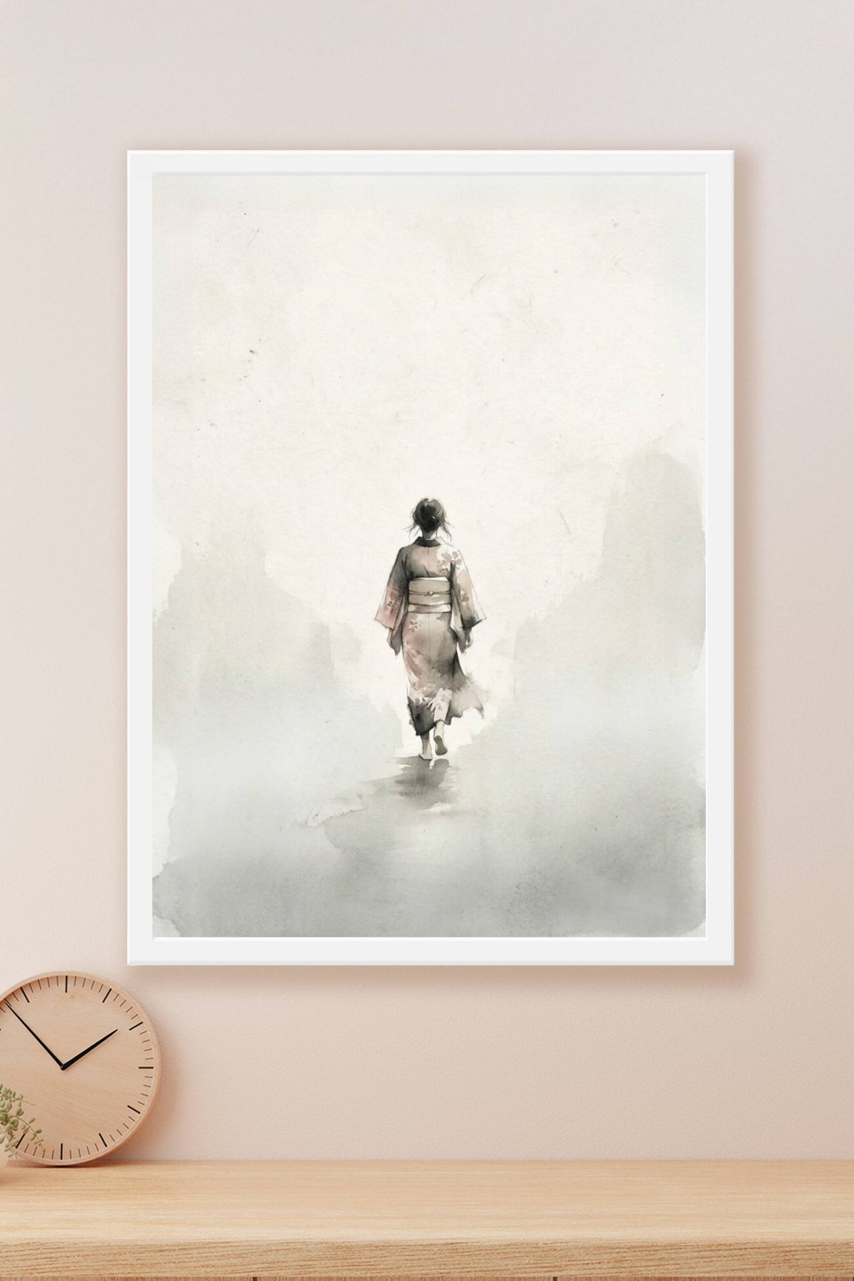 A minimalist contemporary Japandi art print rendered in soft ink wash and dry-brush texture, depicting a solitary wom...