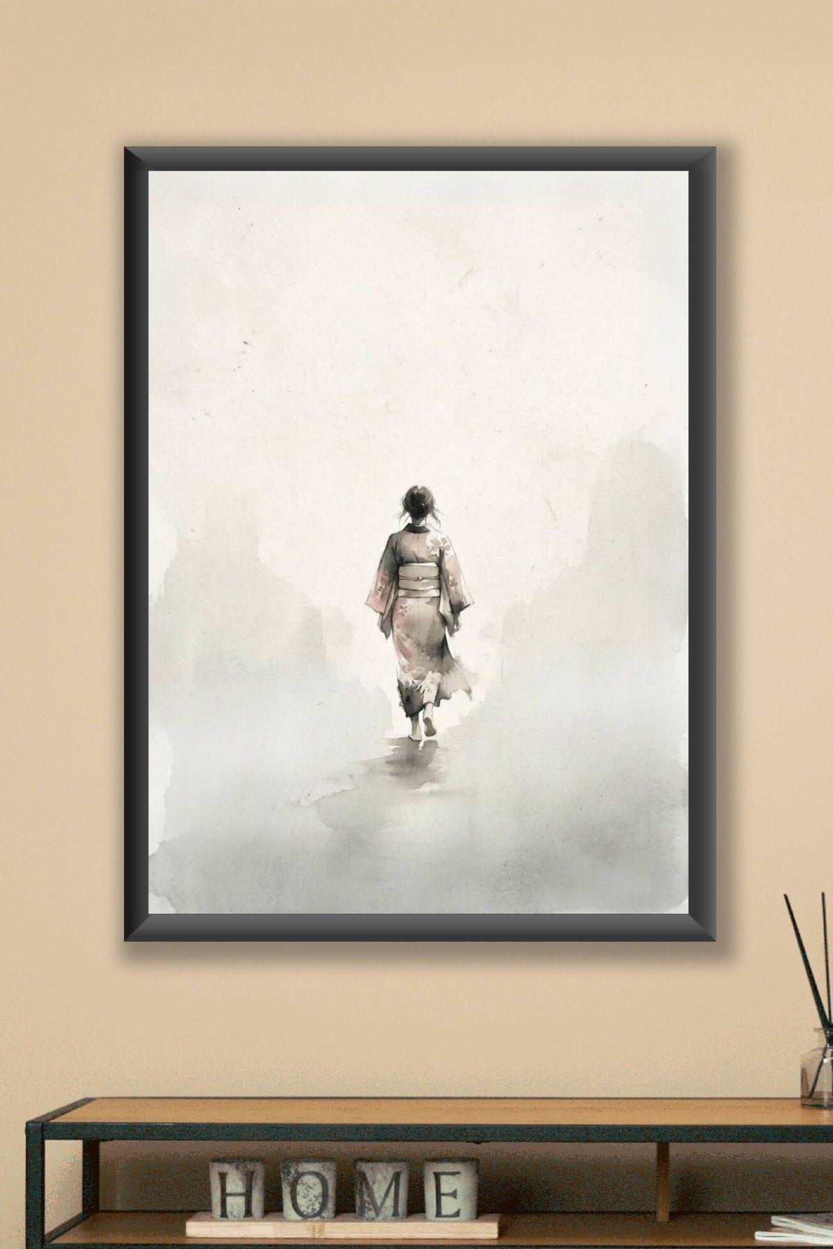 A minimalist contemporary Japandi art print rendered in soft ink wash and dry-brush texture, depicting a solitary wom...