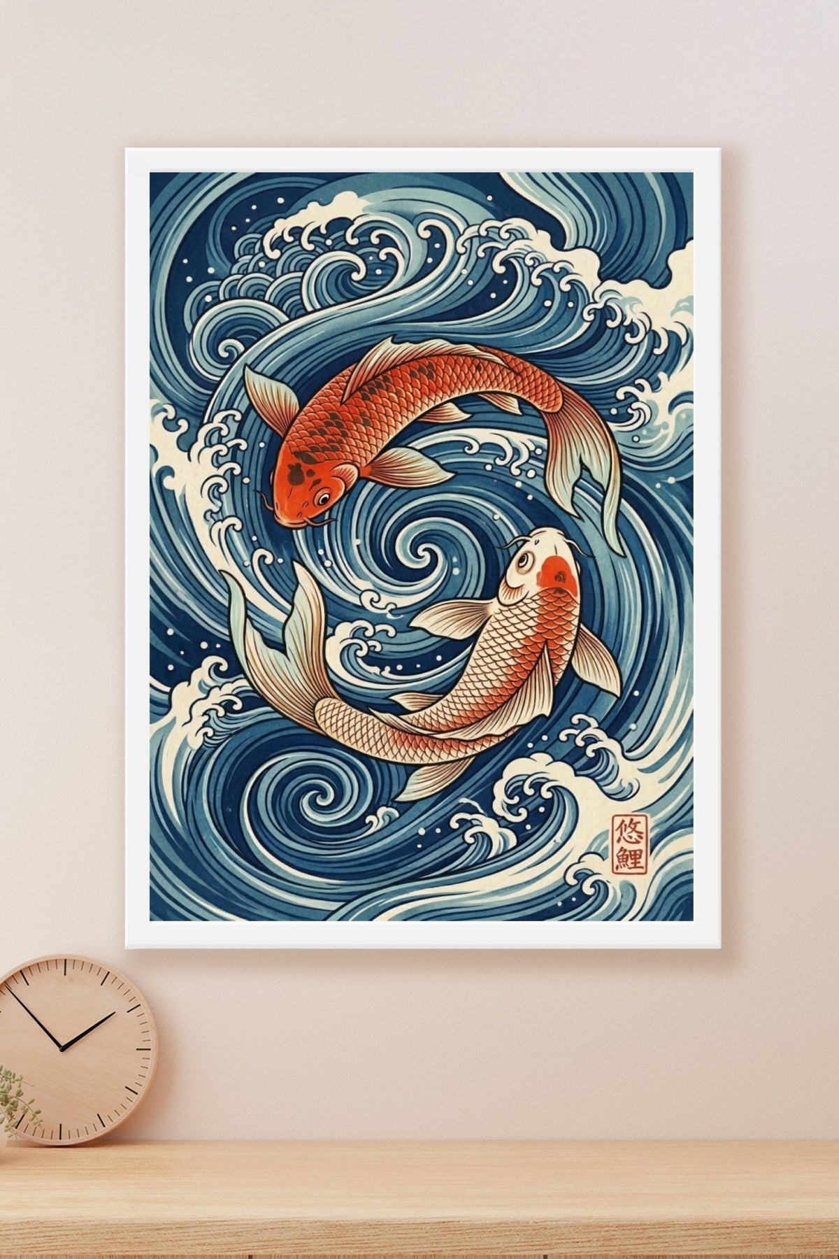 A neo ukiyo-e Japanese print of two koi carp gliding through swirling water, bodies curved in an interlocking circula...