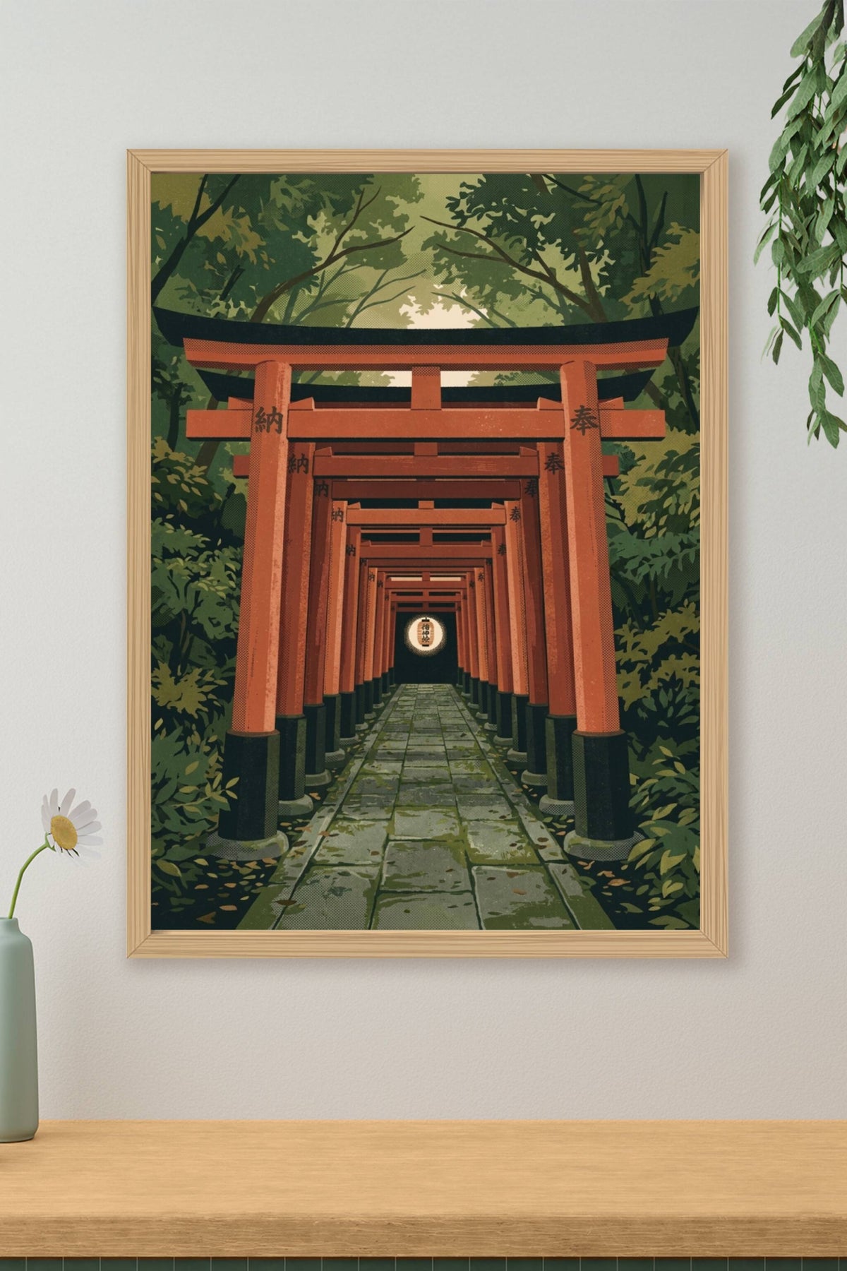 A textured contemporary Japanese travel poster illustration looking straight down the tunnel of vermillion torii gate...