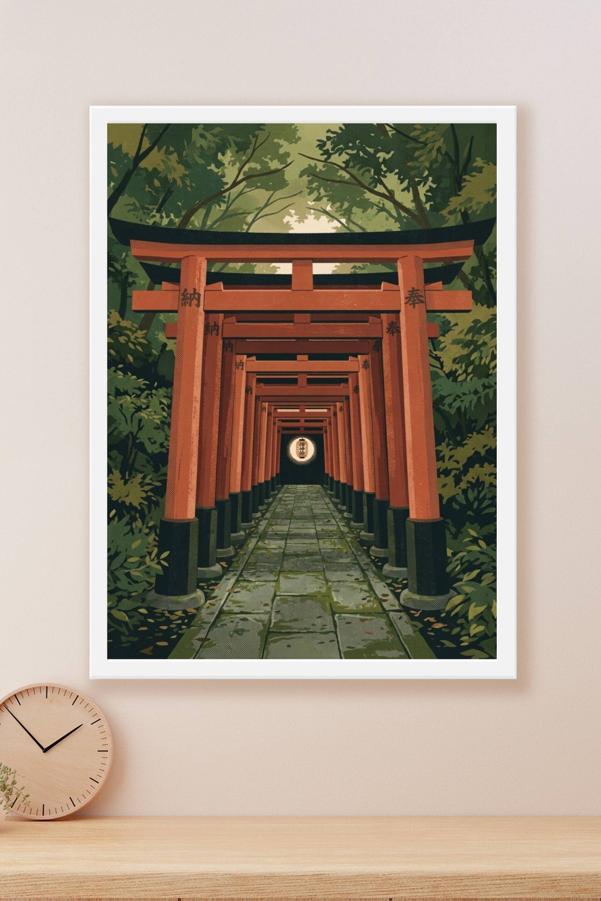 A textured contemporary Japanese travel poster illustration looking straight down the tunnel of vermillion torii gate...