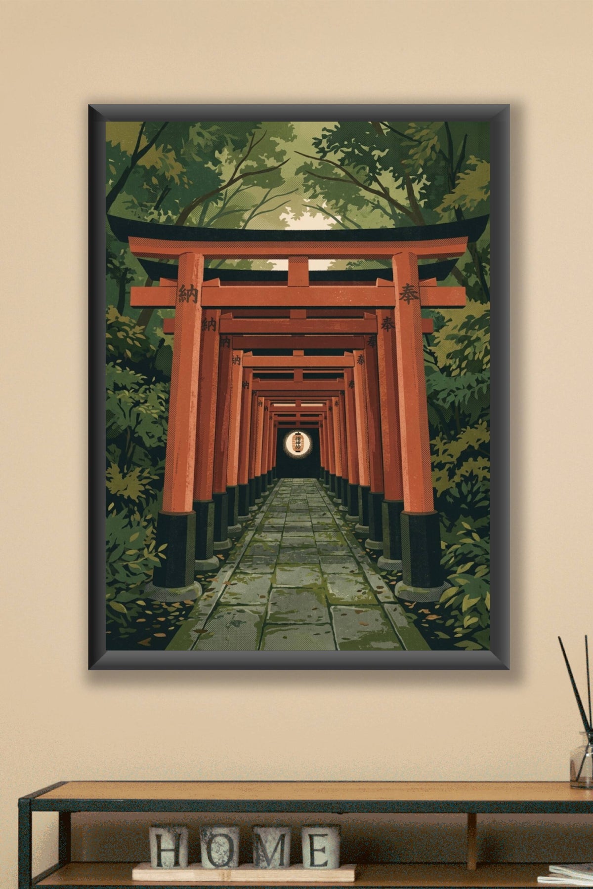 A textured contemporary Japanese travel poster illustration looking straight down the tunnel of vermillion torii gate...