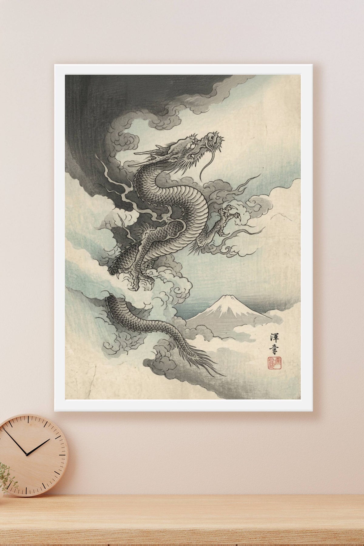 A traditional Japanese ukiyo-e woodblock print depicting a long sinuous dragon coiling out of dense swirling storm cl...