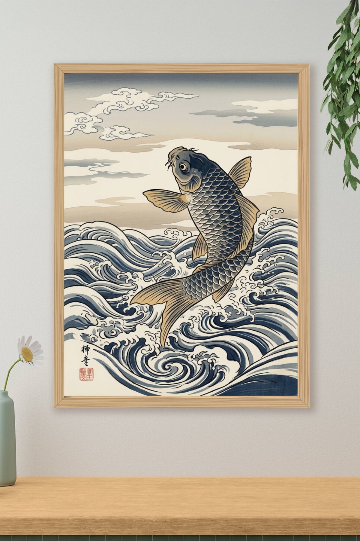 A traditional ukiyo-e Japanese woodblock print of a single powerful carp caught mid-leap above breaking water, its bo...