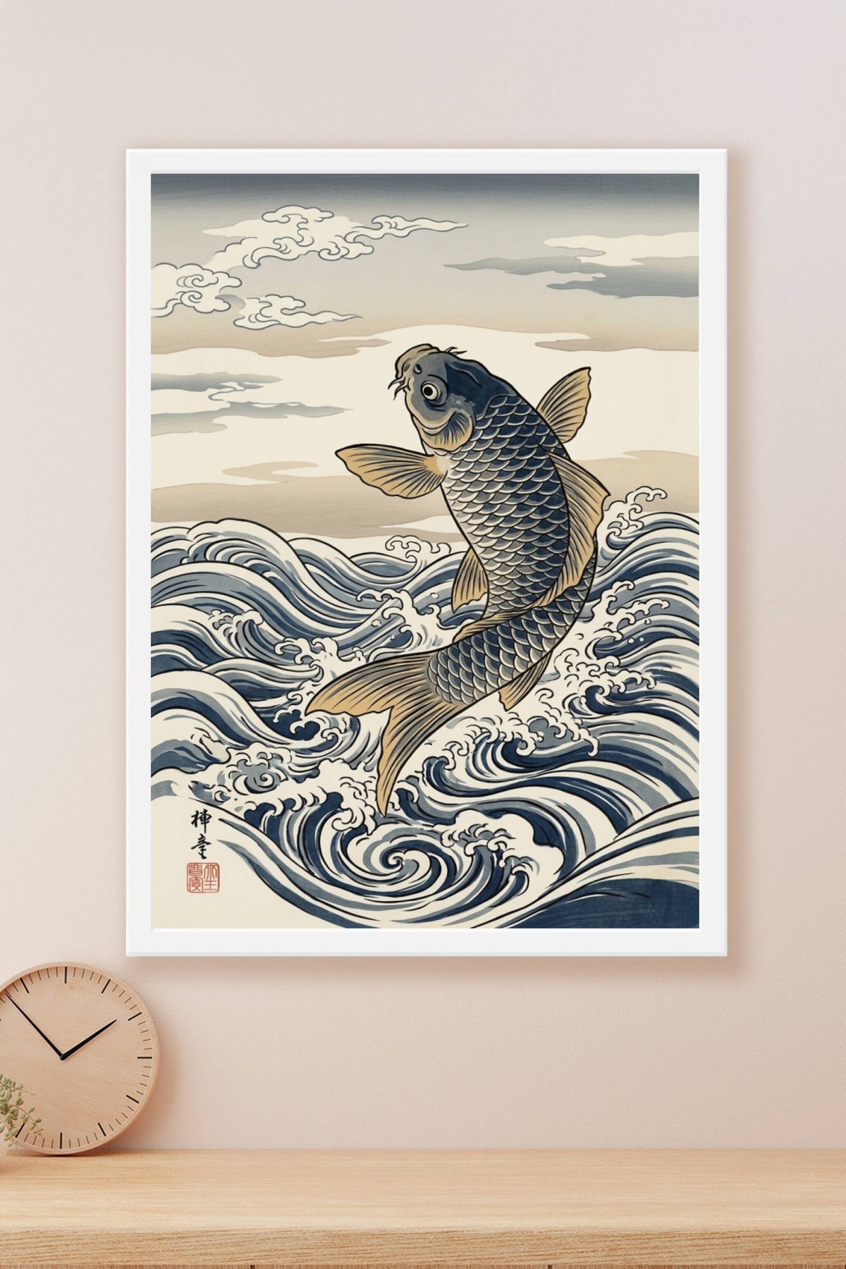 A traditional ukiyo-e Japanese woodblock print of a single powerful carp caught mid-leap above breaking water, its bo...