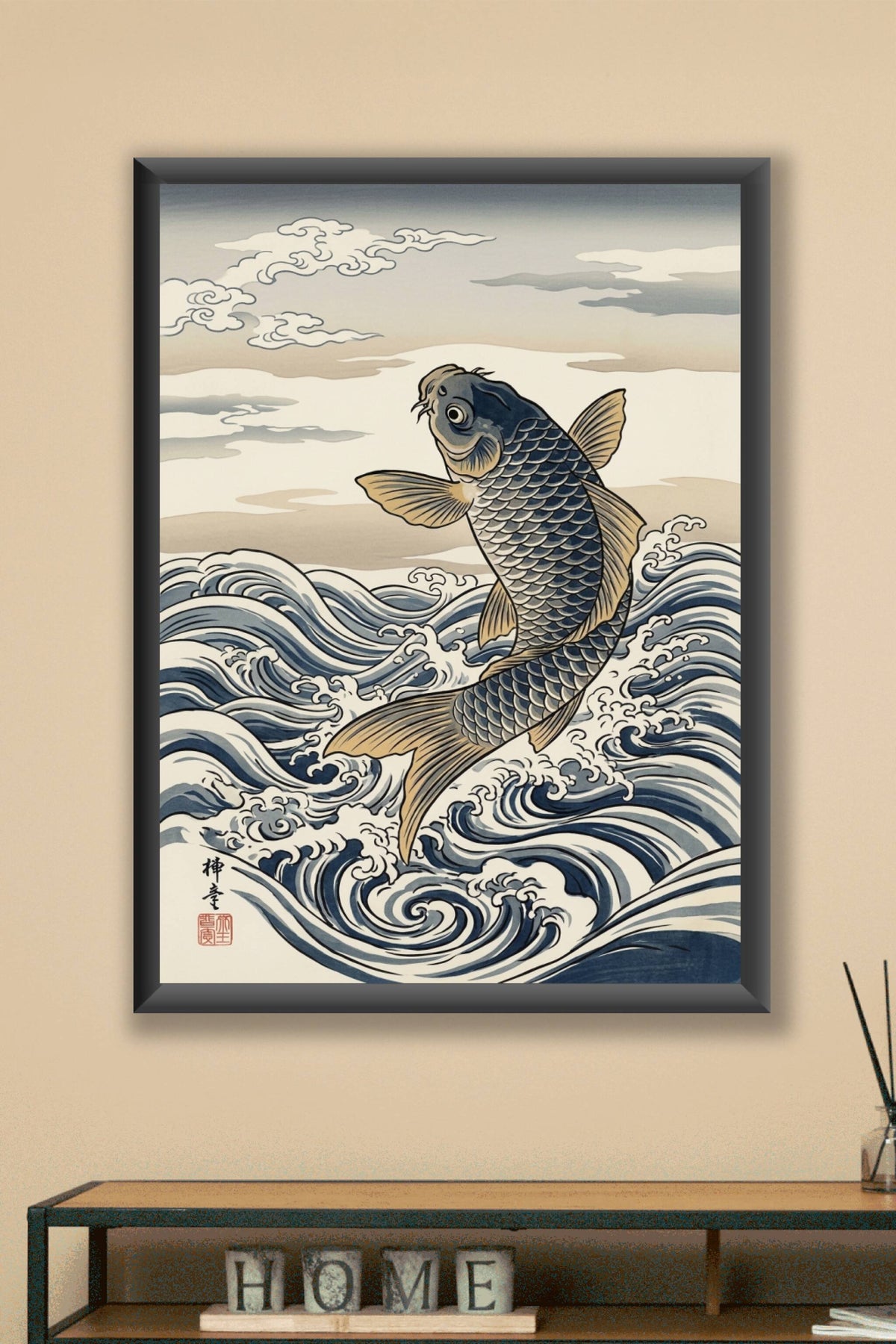 A traditional ukiyo-e Japanese woodblock print of a single powerful carp caught mid-leap above breaking water, its bo...