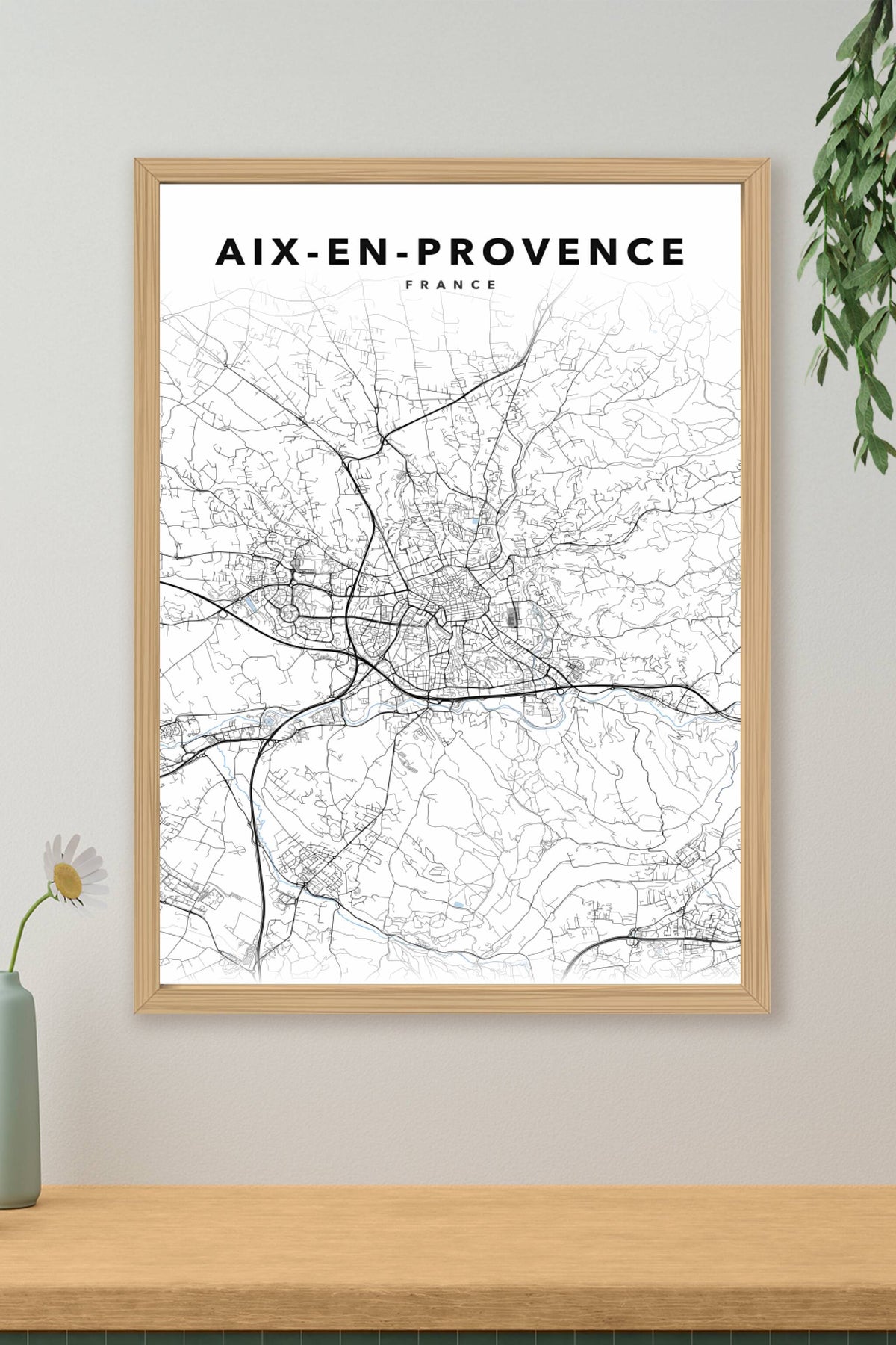 Poster d'Aix-en-Provence, plan de ville noir et blanc