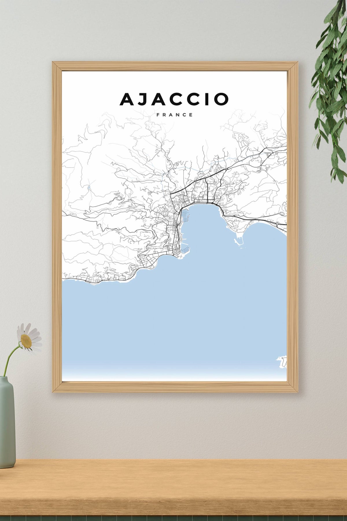 Affiche d'Ajaccio, plan de ville noir et bleu | Afich