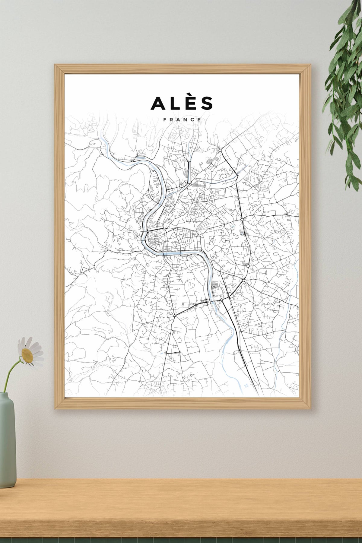 Affiche d'Alès, plan de ville minimaliste | Afich