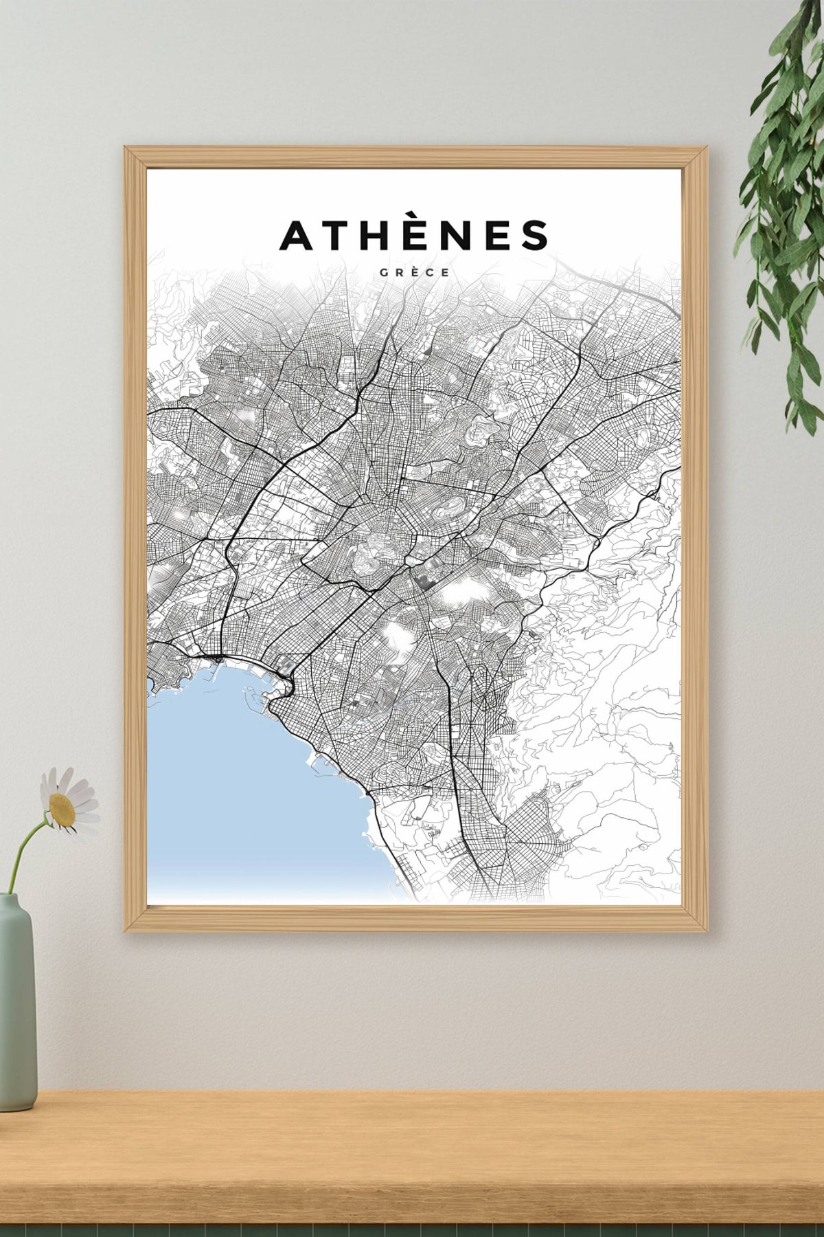 Affiche d'Athènes, plan de ville noir et blanc | Afich