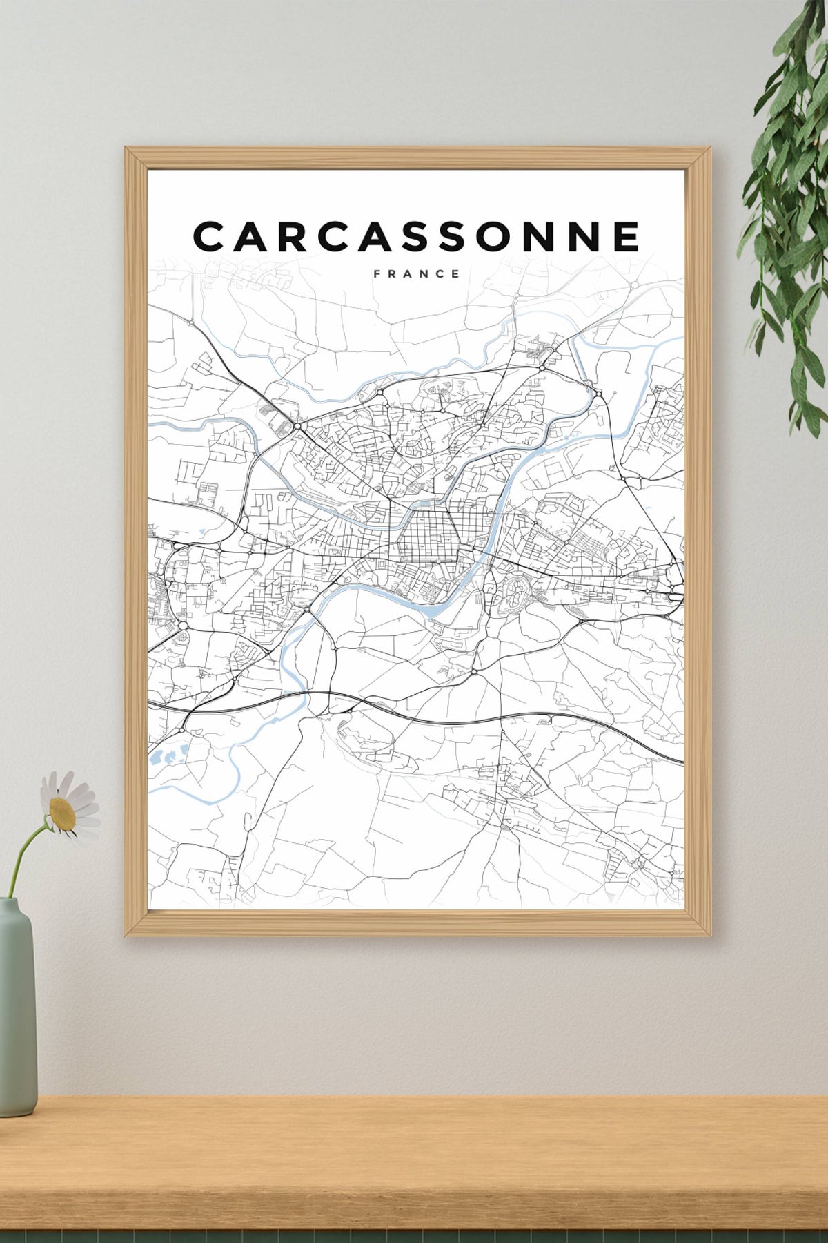 Affiche de Carcassonne, plan de ville noir et blanc