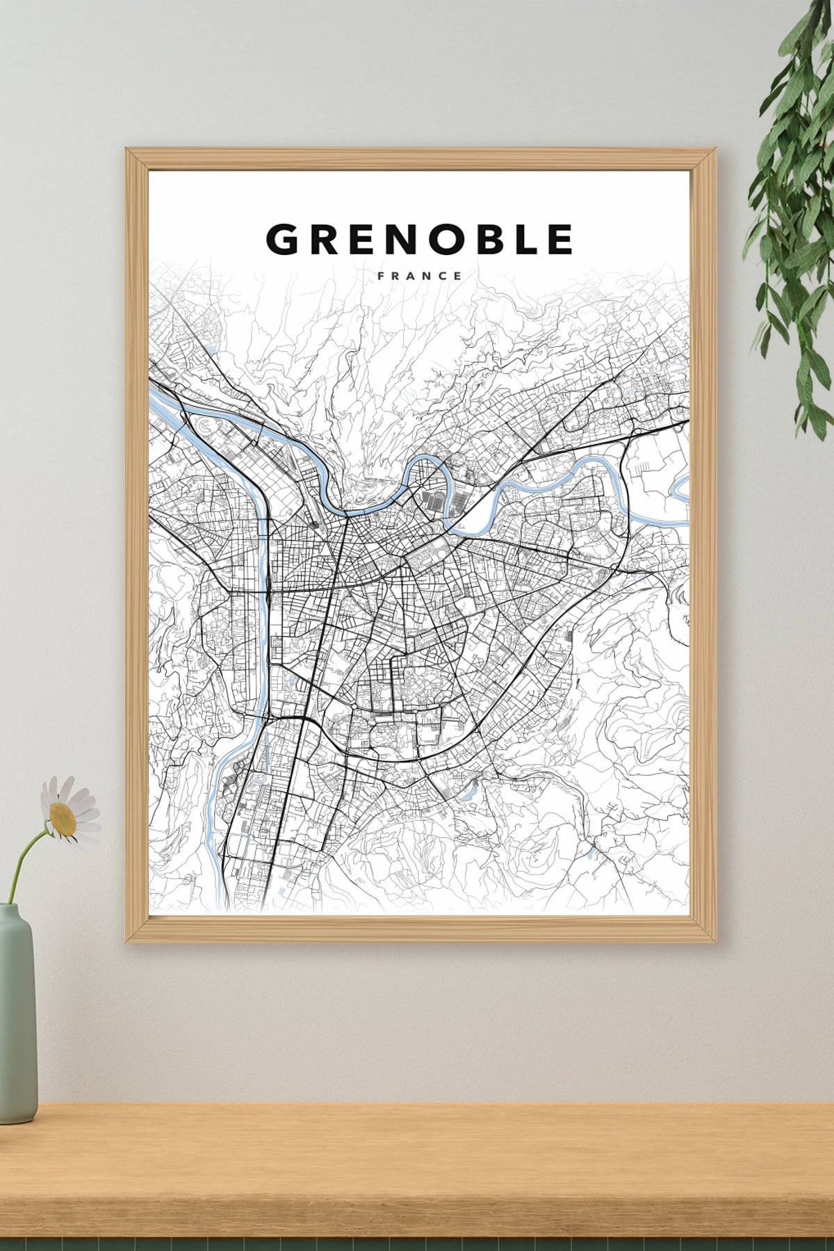 Affiche de Grenoble, plan de ville minimaliste | Afich