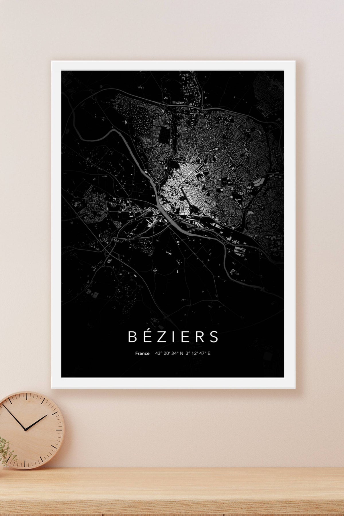 Carte de Béziers nuit - Affiche personnalisée