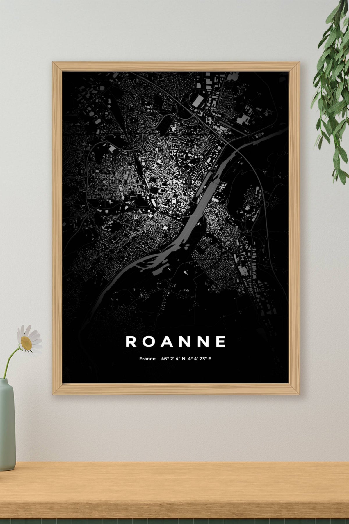 Carte de Roanne nuit - Affiche personnalisée