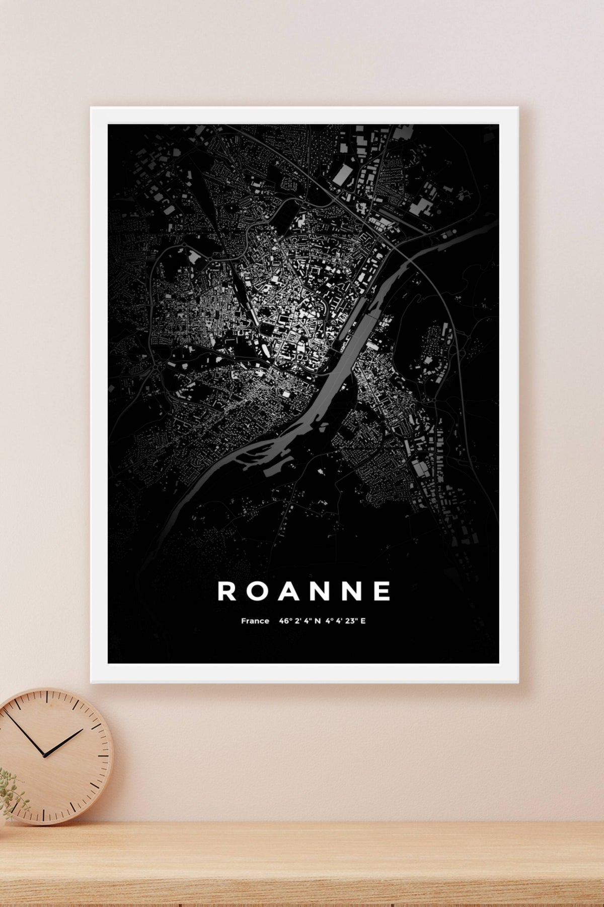 Carte de Roanne nuit - Affiche personnalisée