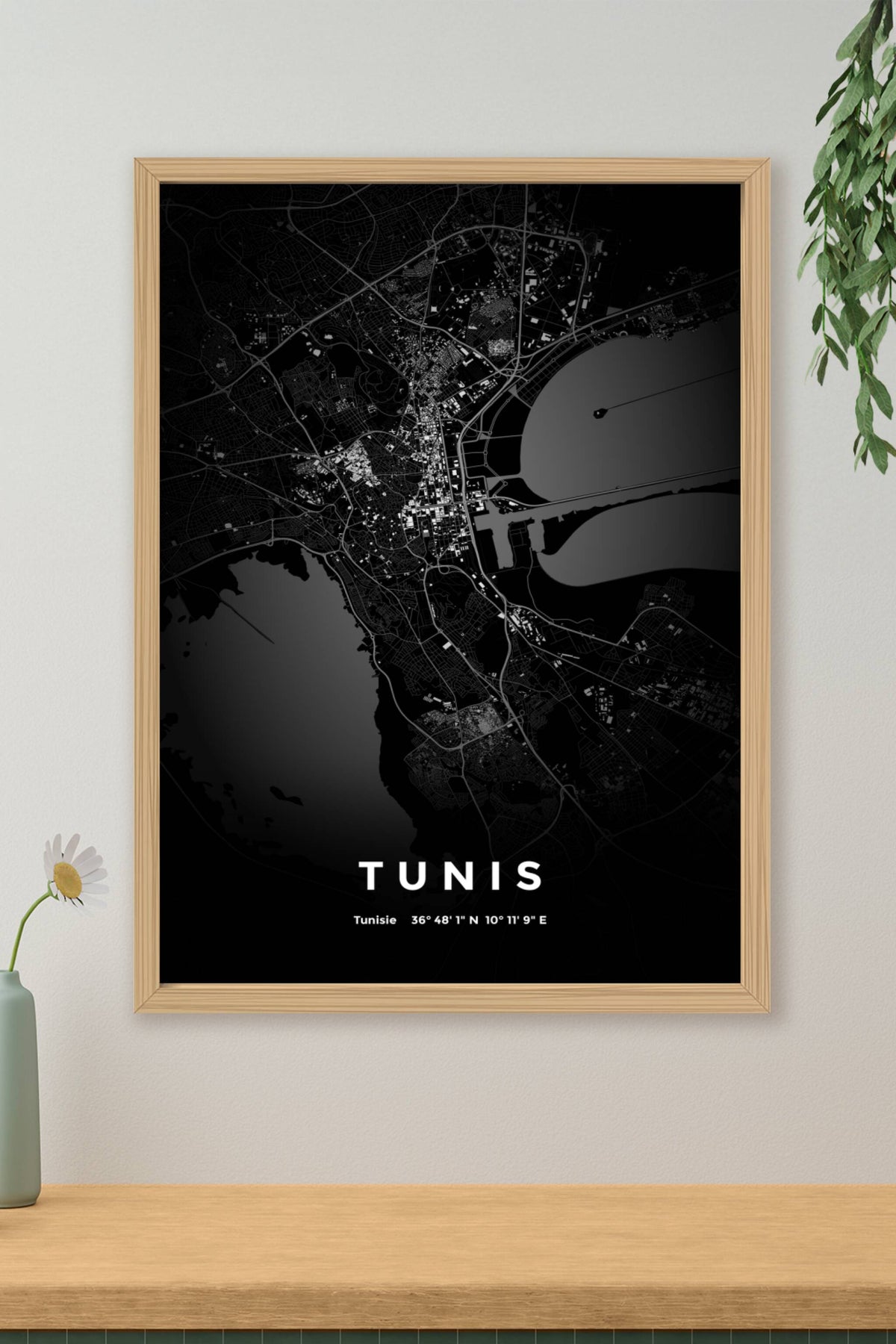 Carte de Tunis nuit - Affiche personnalisée